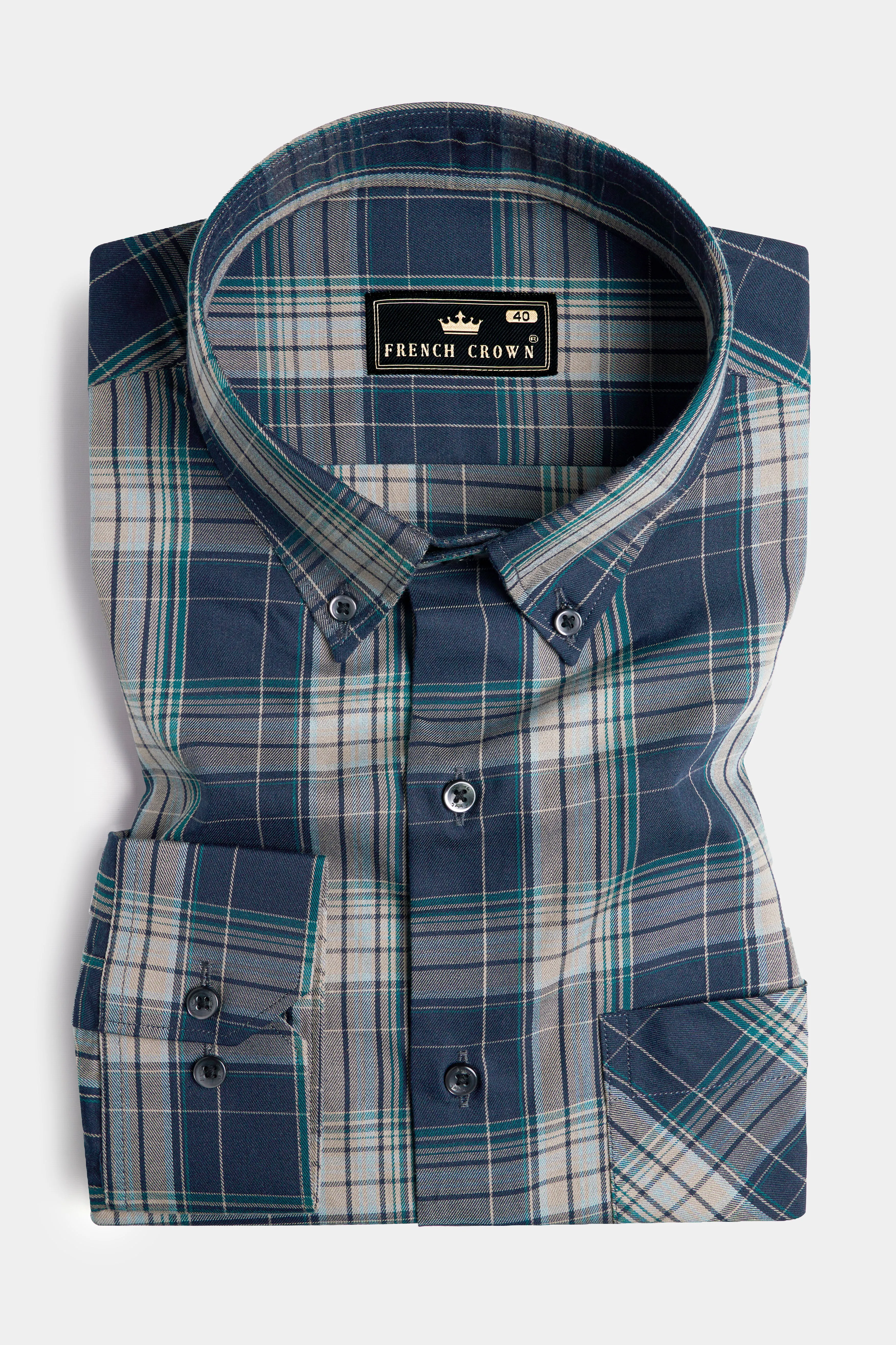 Ebony Clay Blue and Jour Cream Green Twill Plaid Premium Cotton Shirt sold by French Crown product image thumbnail 3