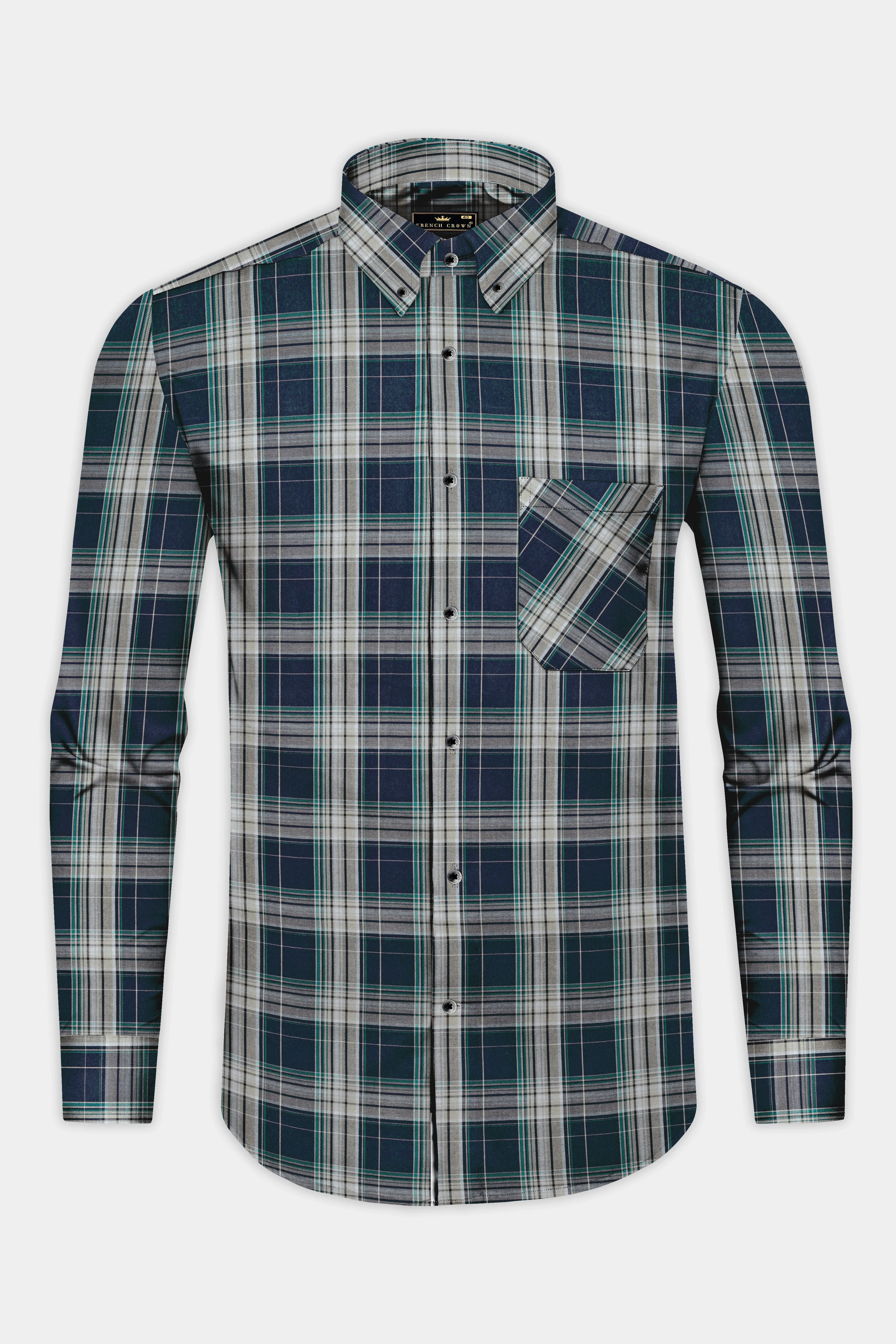 Ebony Clay Blue and Jour Cream Green Twill Plaid Premium Cotton Shirt sold by French Crown product image thumbnail 4