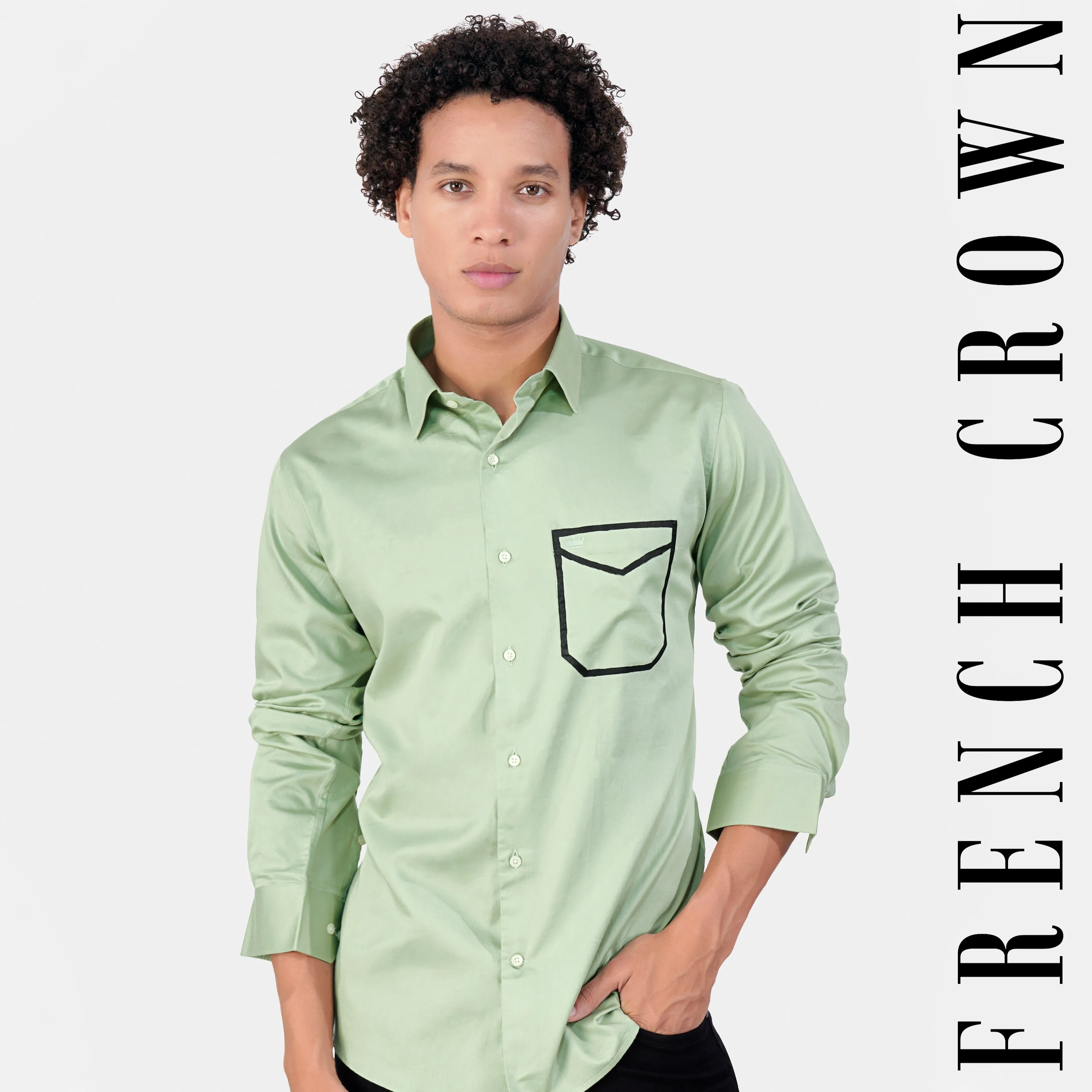 Coriander Green Envelope Hand Painted Subtle Sheen Super Soft Premium Cotton Designer Shirt sold by French Crown