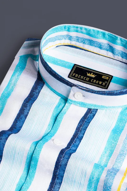 Bright White with Rhino Blue and Blizzard Blue Striped Premium Cotton Shirt sold by French Crown