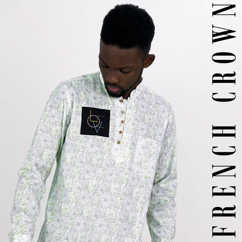 Bright White with Coriander Green and Chatelle Gray Patchwork Luxurious Linen Designer Kurta Shirt sold by French Crown