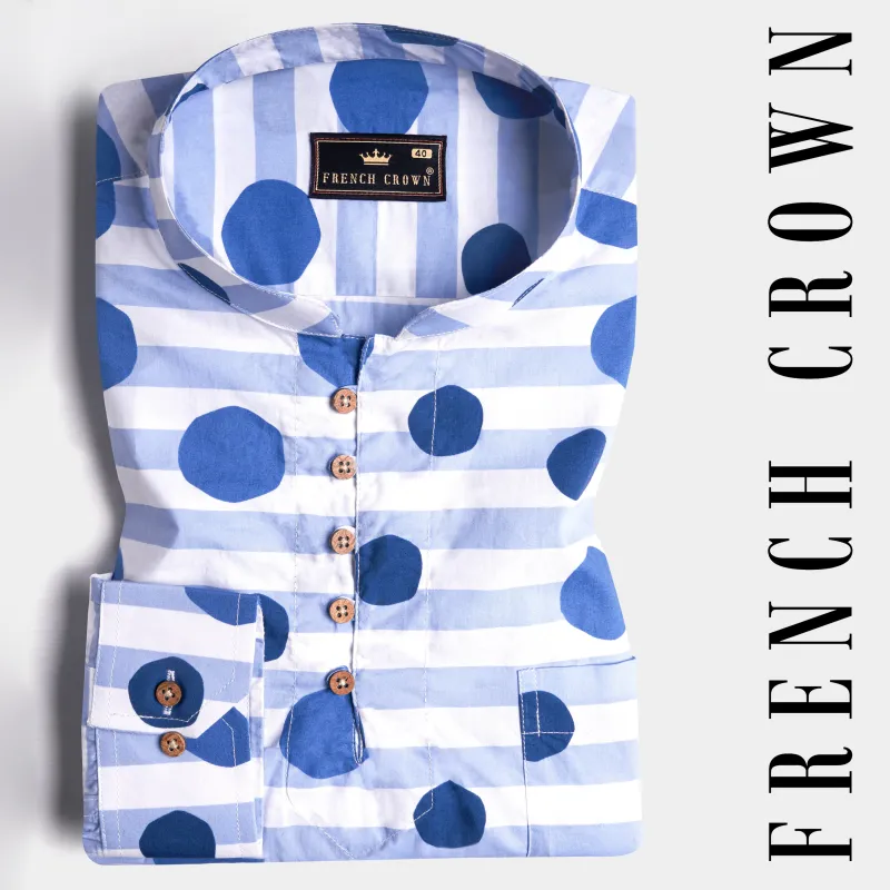 Bright White with Cerulean Blue Striped and Polka Dots Premium Cotton Kurta Shirt sold by French Crown