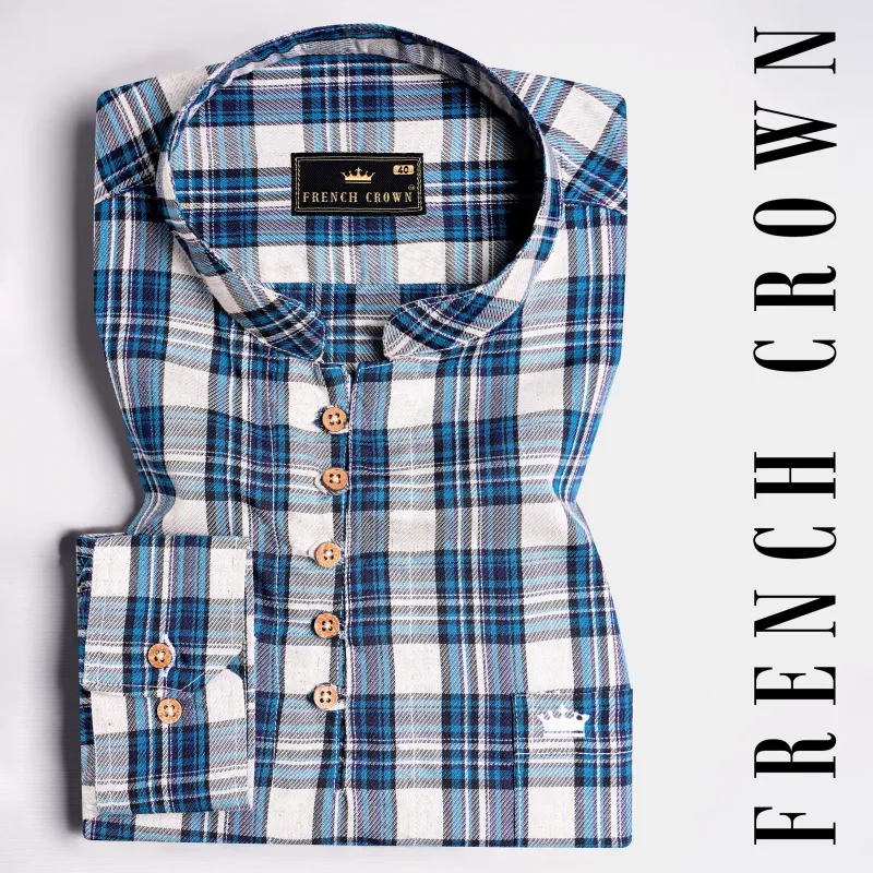Bright White with Black and Glacial Blue Plaid Twill Premium Cotton Kurta Shirt sold by French Crown