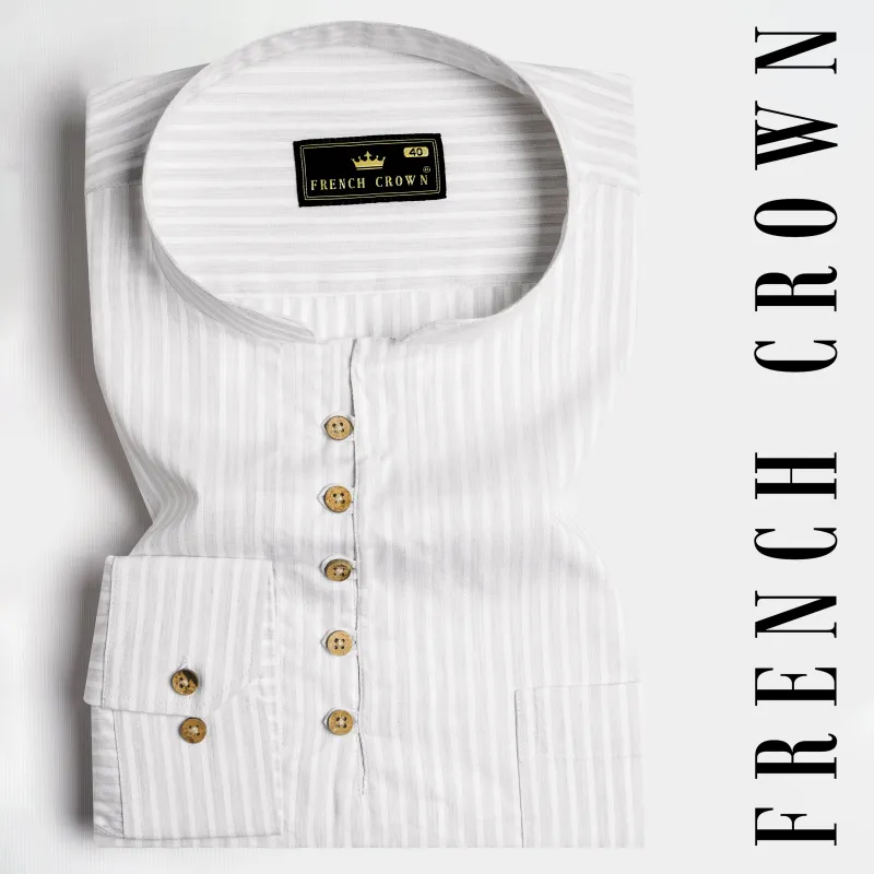 Bright White Striped Dobby Textured Premium Giza Cotton Kurta Shirt sold by French Crown