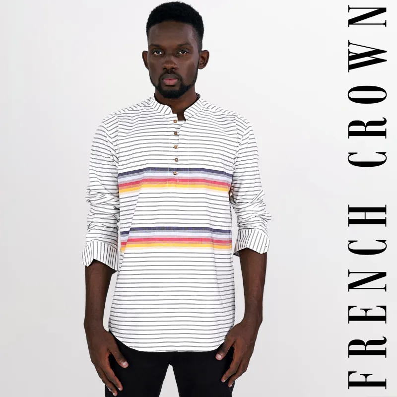 Bright White Multicolour Striped Premium Cotton Kurta Shirt sold by French Crown