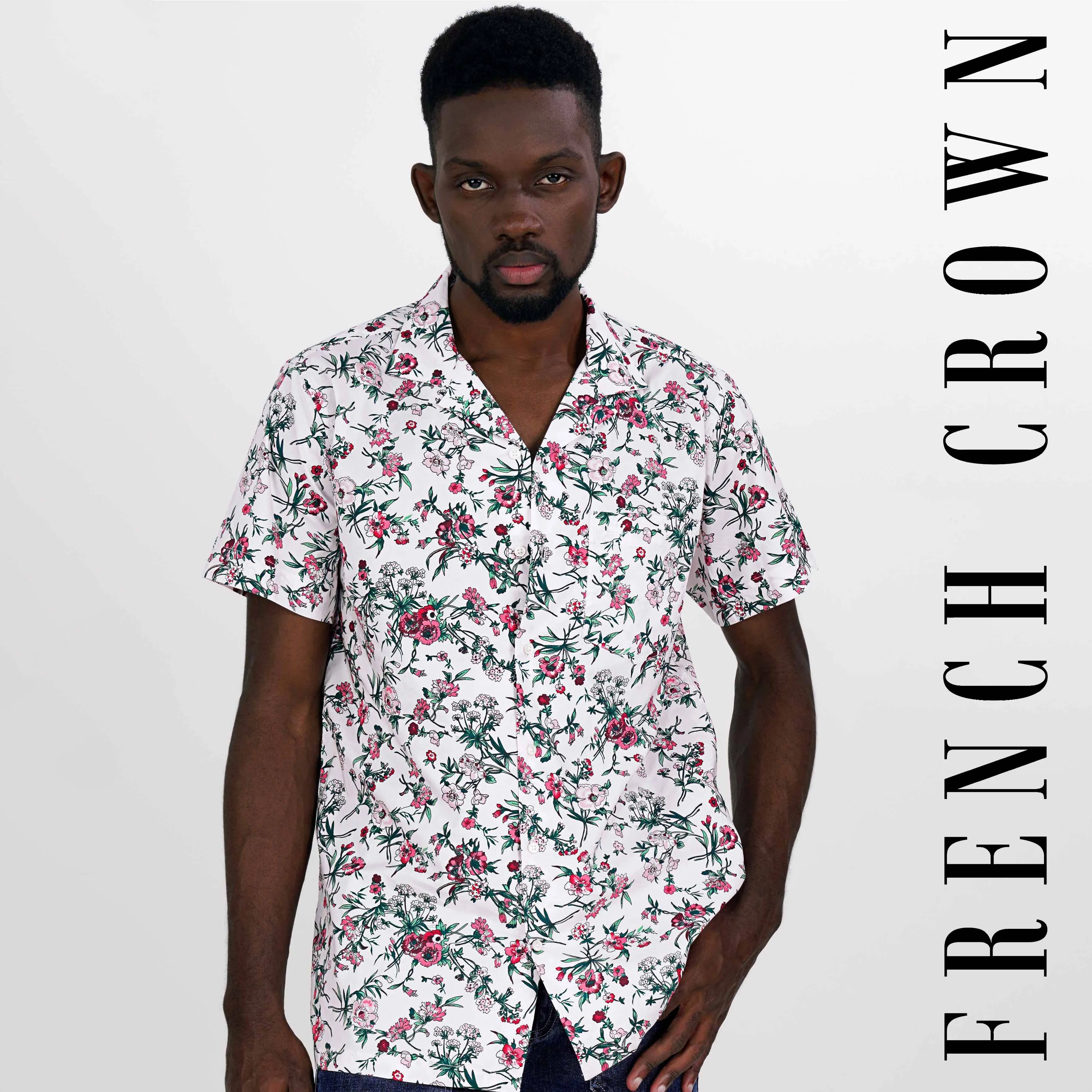 Bright White Multicolour Floral Printed Premium Cotton Shirt sold by French Crown