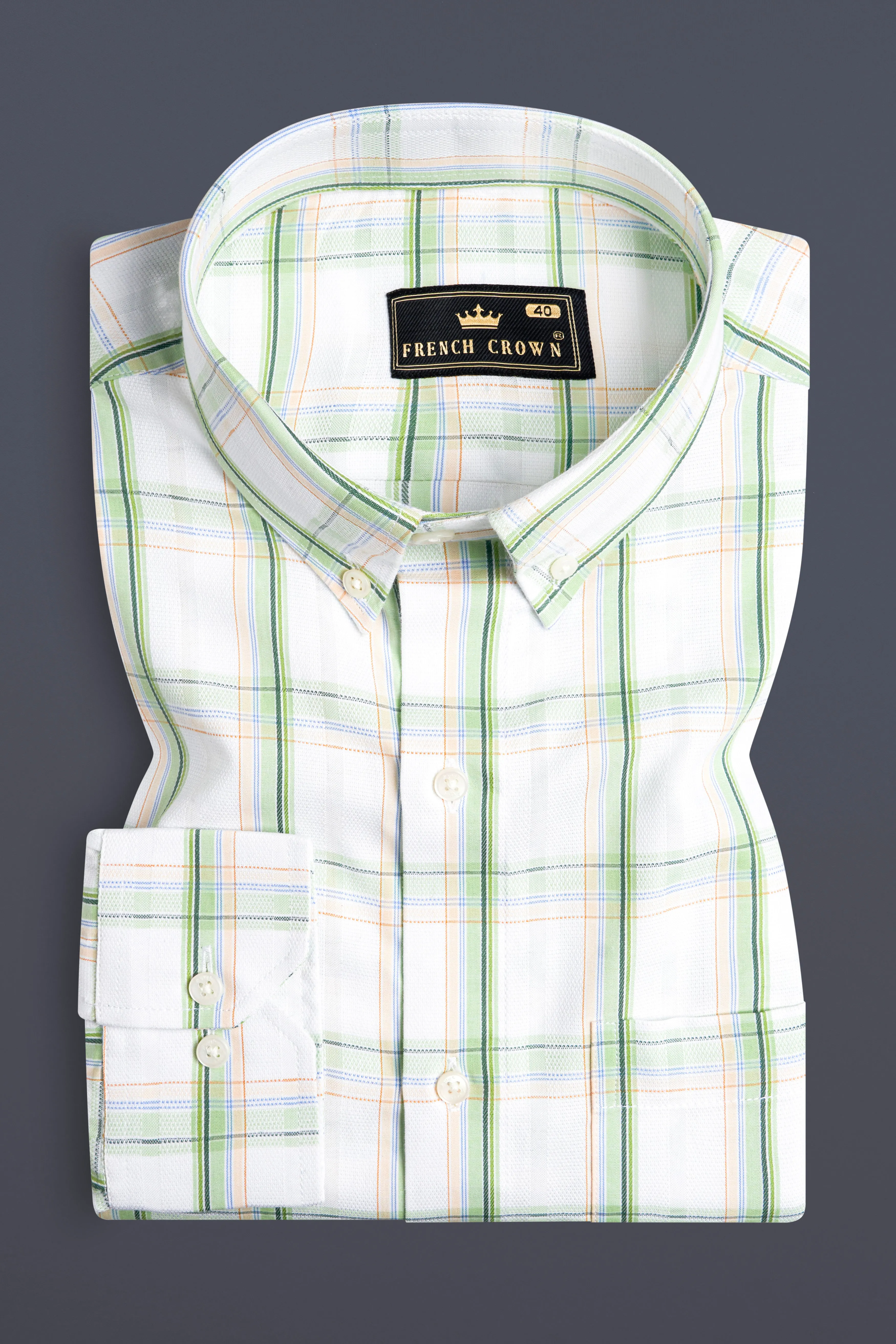 Bright White and Patina Green Plaid Dobby Textured Premium Giza Cotton Shirt sold by French Crown product image thumbnail 3