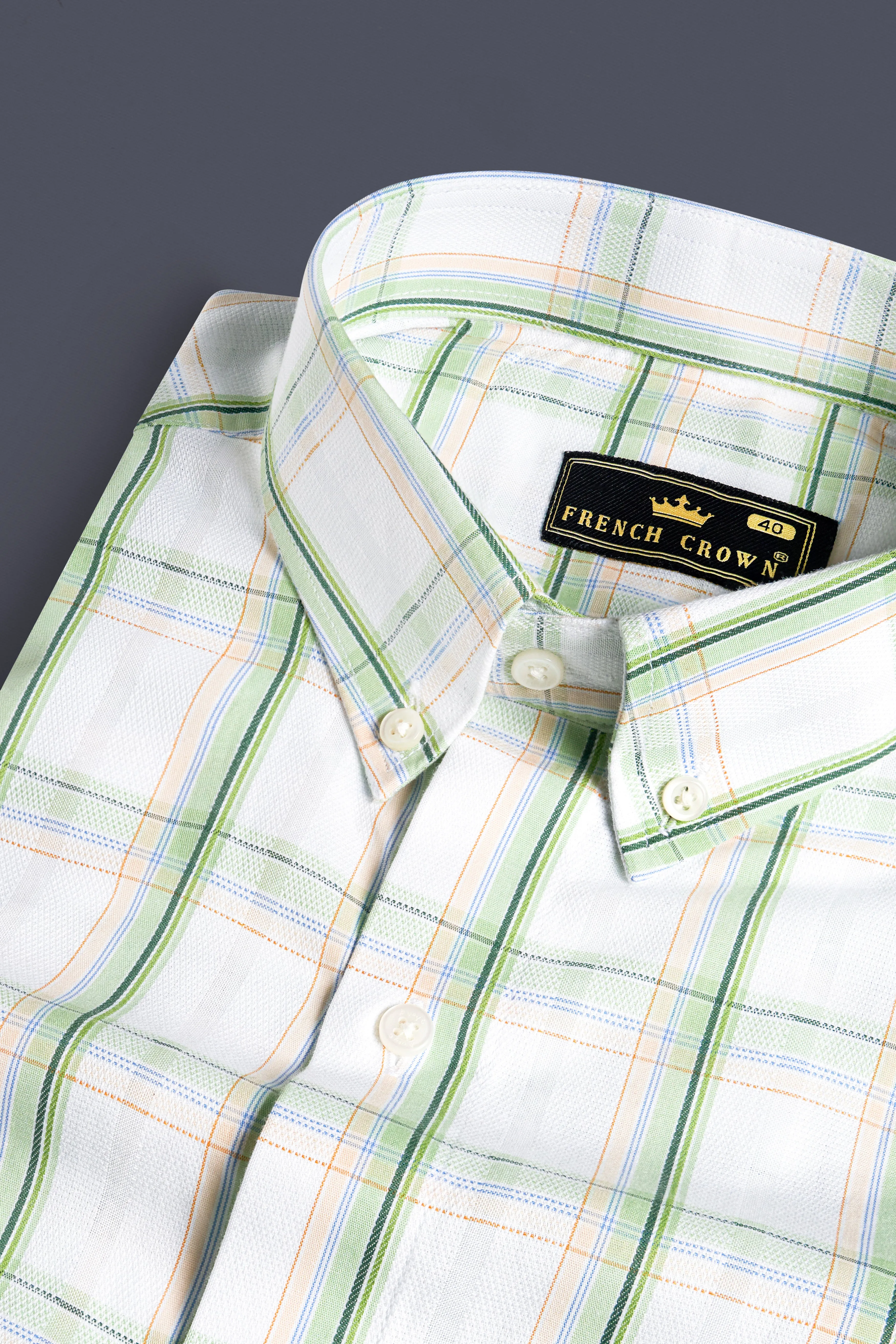 Bright White and Patina Green Plaid Dobby Textured Premium Giza Cotton Shirt sold by French Crown