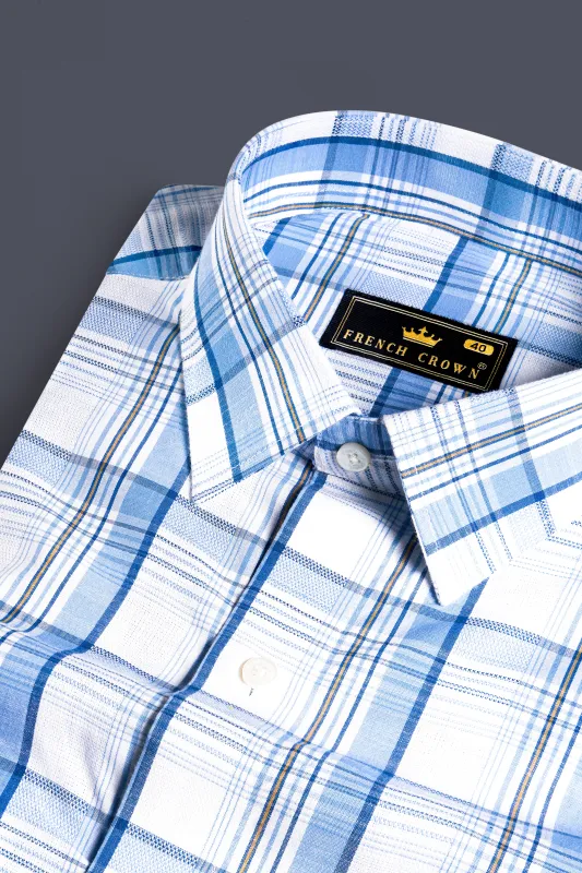 Bright White and Cerulean Blue Plaid Dobby Textured Premium Giza Cotton Shirt sold by French Crown