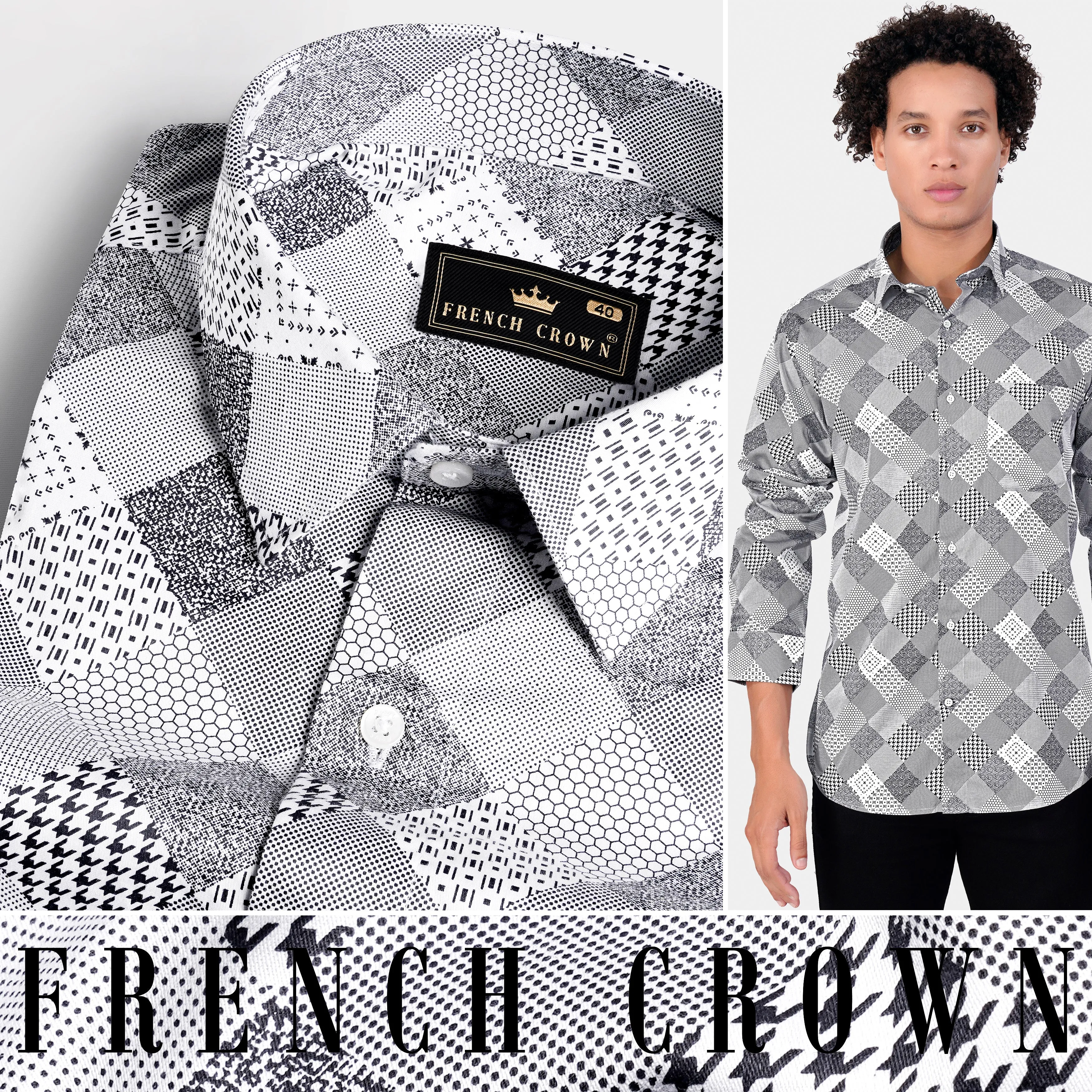 Bright White and Black Printed Subtle Sheen Super Soft Premium Cotton Shirt sold by French Crown product image thumbnail 4