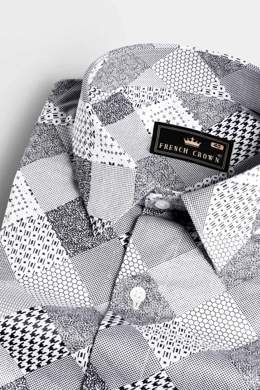 Bright White and Black Printed Subtle Sheen Super Soft Premium Cotton Shirt sold by French Crown