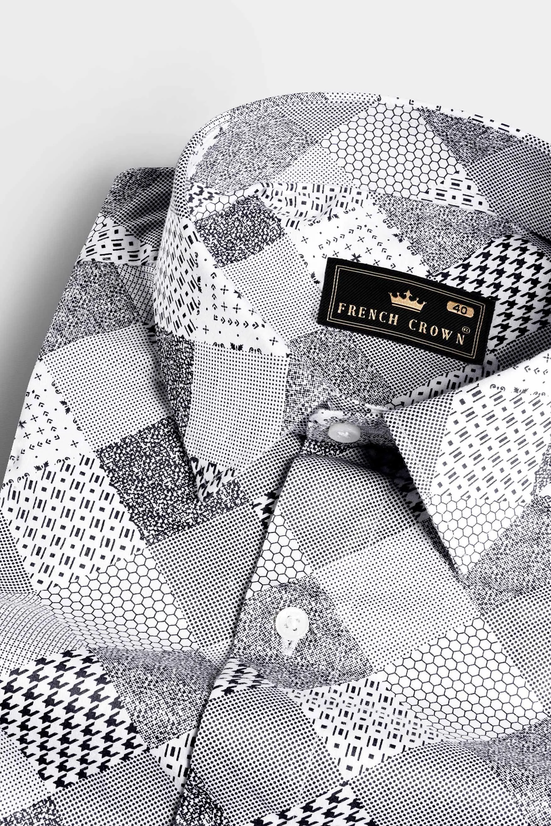 Bright White and Black Printed Subtle Sheen Super Soft Premium Cotton Shirt sold by French Crown
