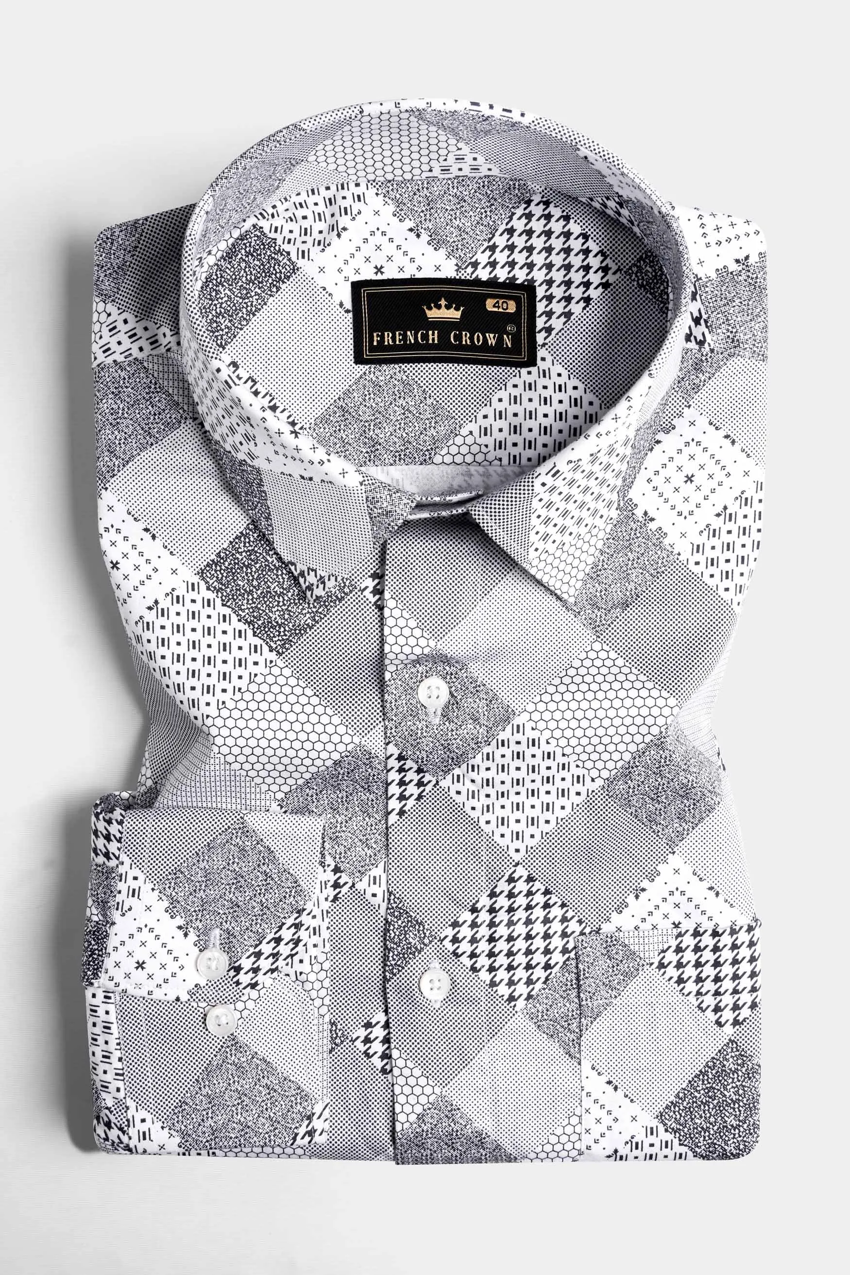 Bright White and Black Printed Subtle Sheen Super Soft Premium Cotton Shirt sold by French Crown product image thumbnail 3