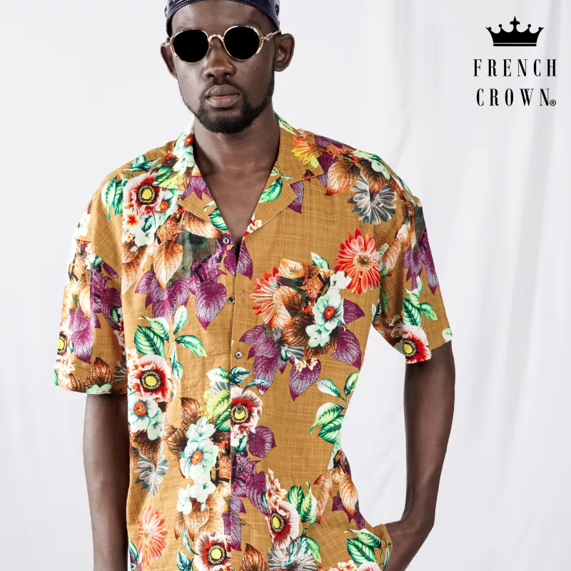 Tussock Brown Floral Printed Lightweight Premium Cotton Oversized Shirt sold by French Crown