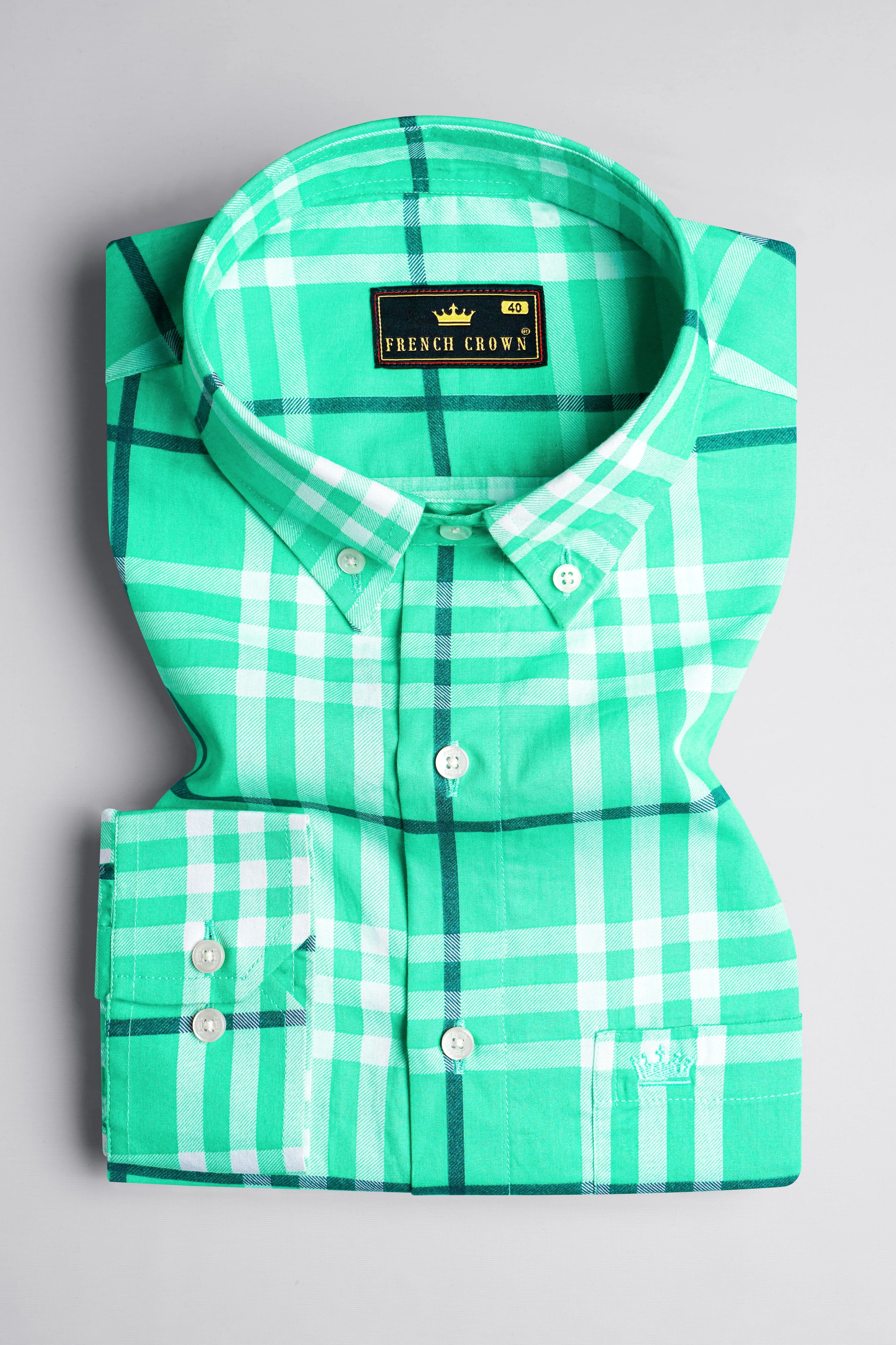 Turquoise Green with White Twill Plaid Premium Cotton Shirt sold by French Crown product image thumbnail 4