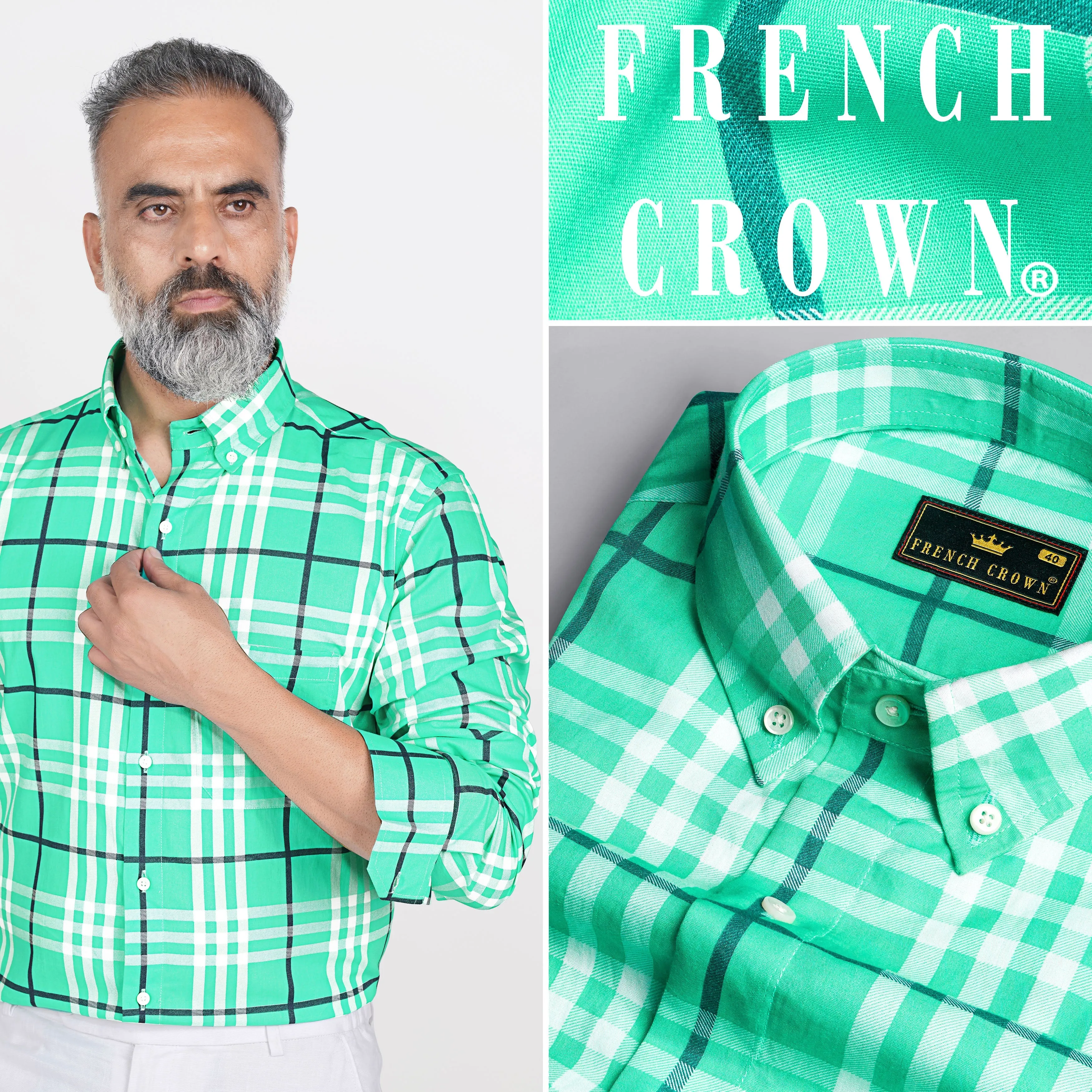 Turquoise Green with White Twill Plaid Premium Cotton Shirt sold by French Crown product image thumbnail 5