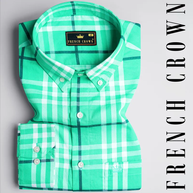 Turquoise Green with White Twill Plaid Premium Cotton Shirt sold by French Crown