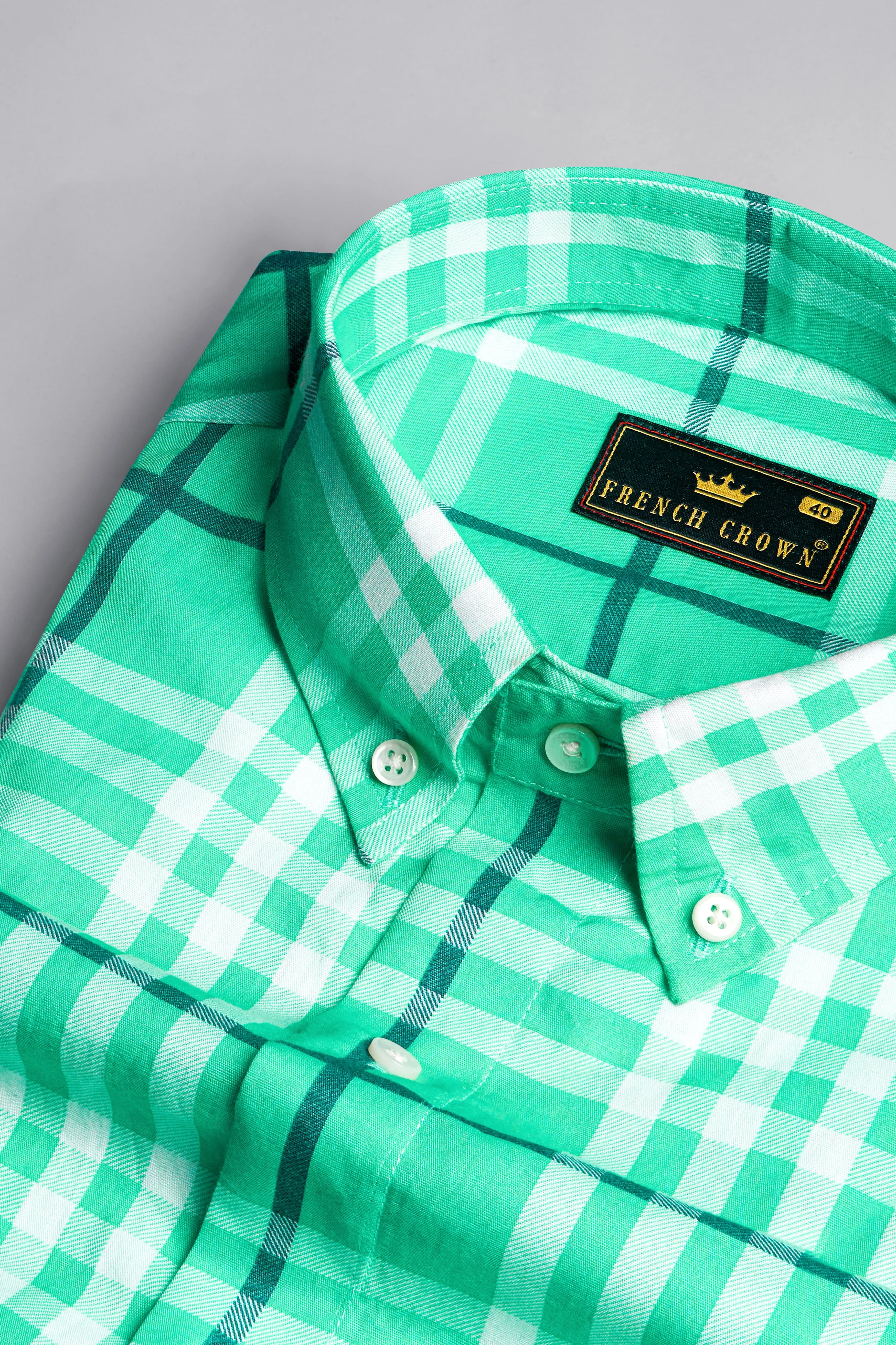 Turquoise Green with White Twill Plaid Premium Cotton Shirt sold by French Crown product image thumbnail 2