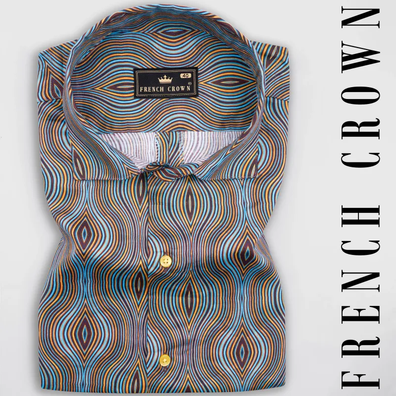 Turquoise Blue with Gorse Yellow and Cab Sav Maroon Waves Printed Super Soft Premium Cotton Shirt sold by French Crown