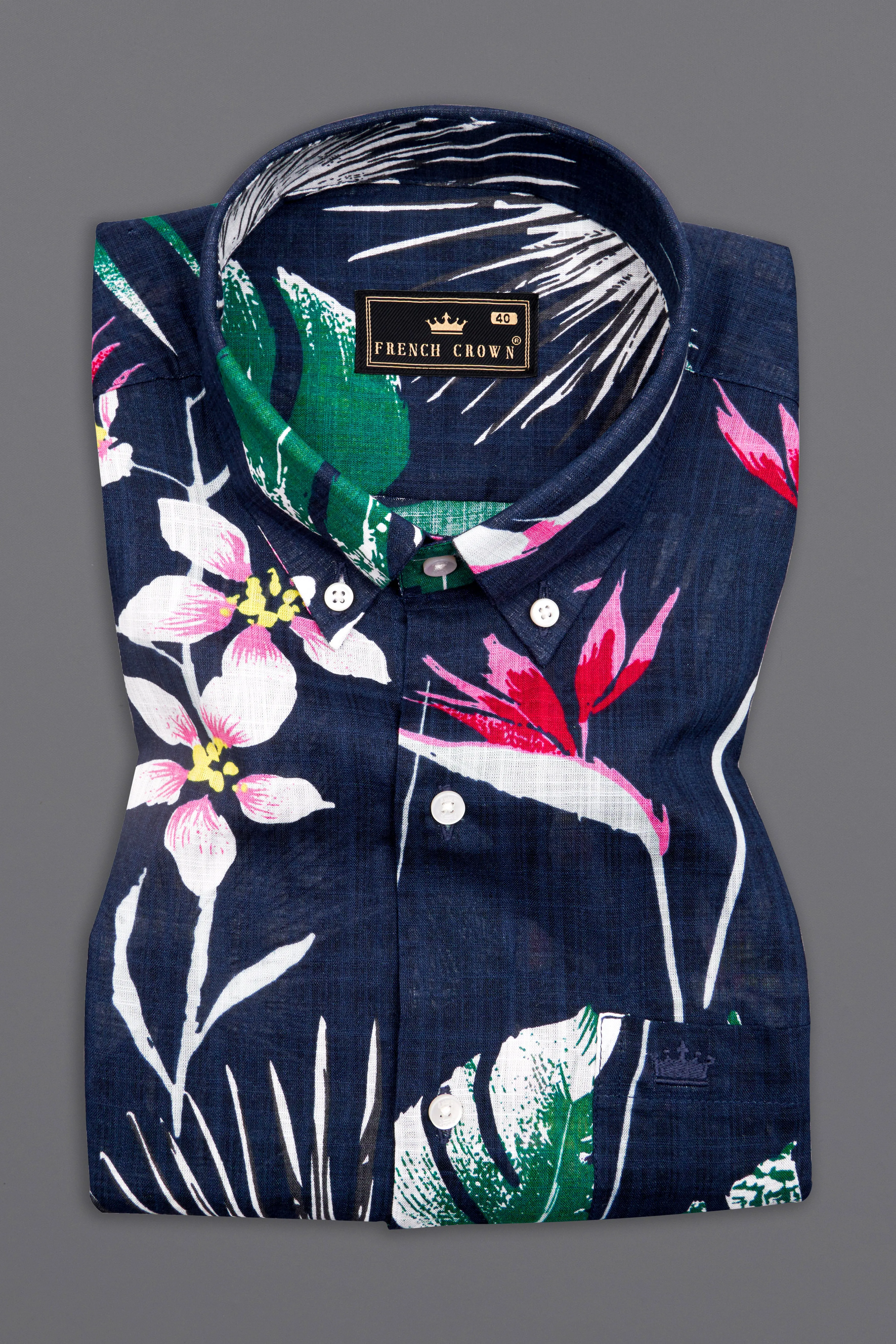 Space Blue with Petrol Green Leaves Printed Lightweight Premium Cotton Oversized Shirt sold by French Crown product image thumbnail 5