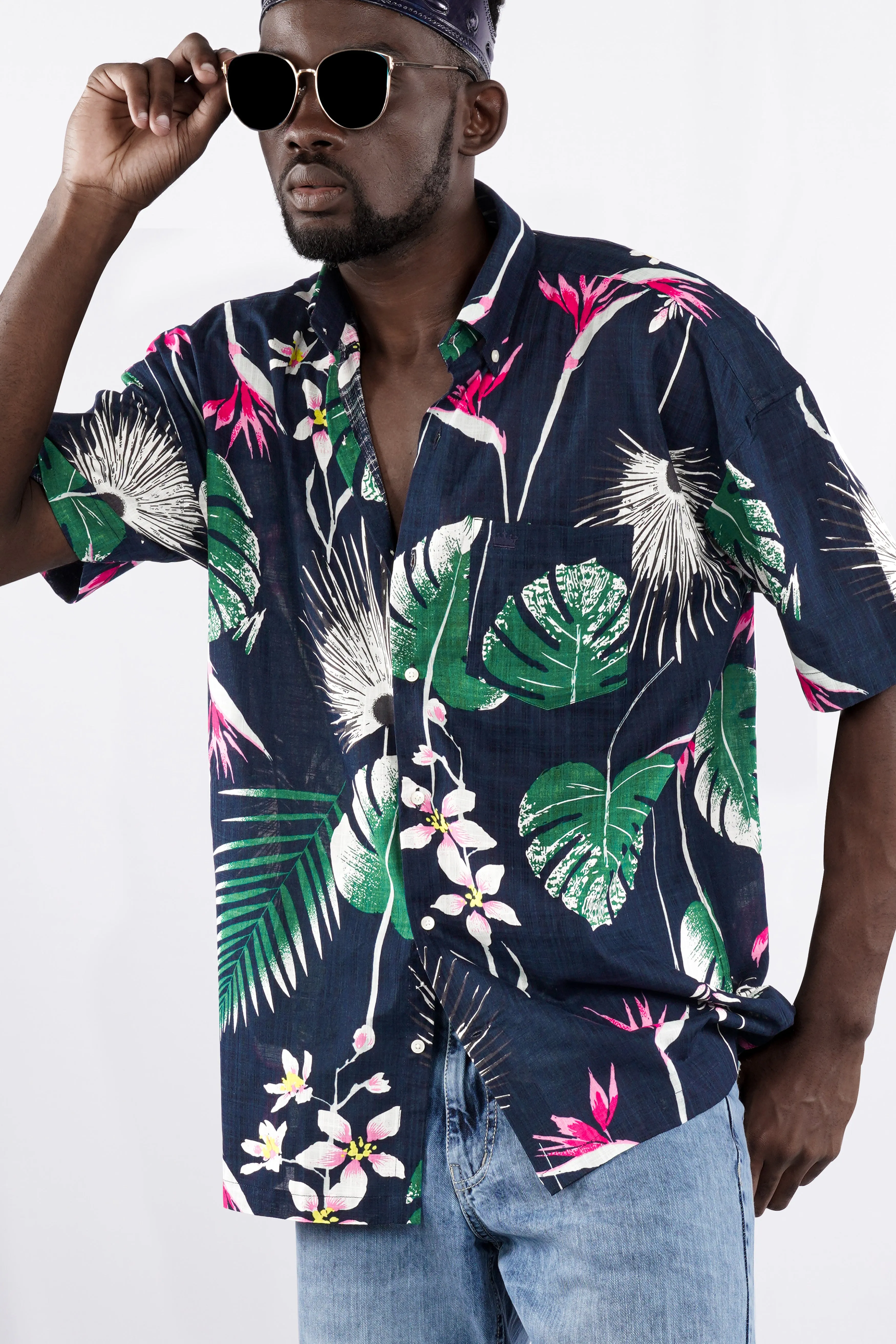 Space Blue with Petrol Green Leaves Printed Lightweight Premium Cotton Oversized Shirt sold by French Crown product image thumbnail 2