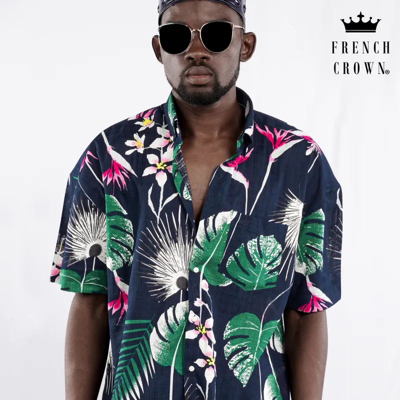 Space Blue with Petrol Green Leaves Printed Lightweight Premium Cotton Oversized Shirt sold by French Crown