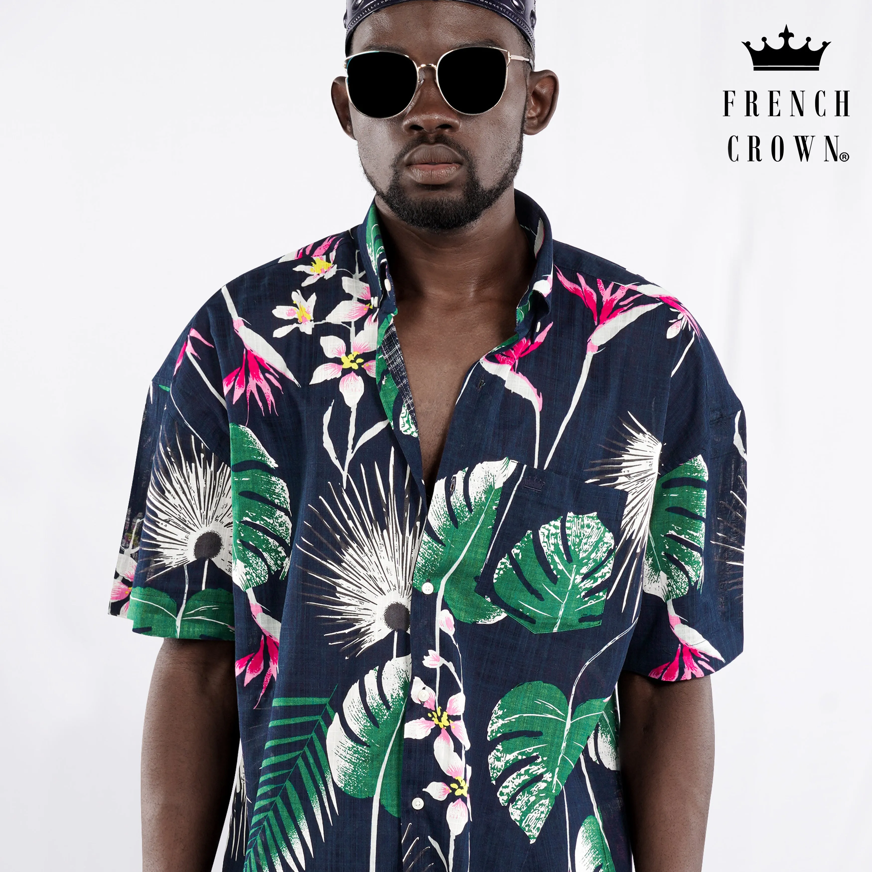 Space Blue with Petrol Green Leaves Printed Lightweight Premium Cotton Oversized Shirt sold by French Crown