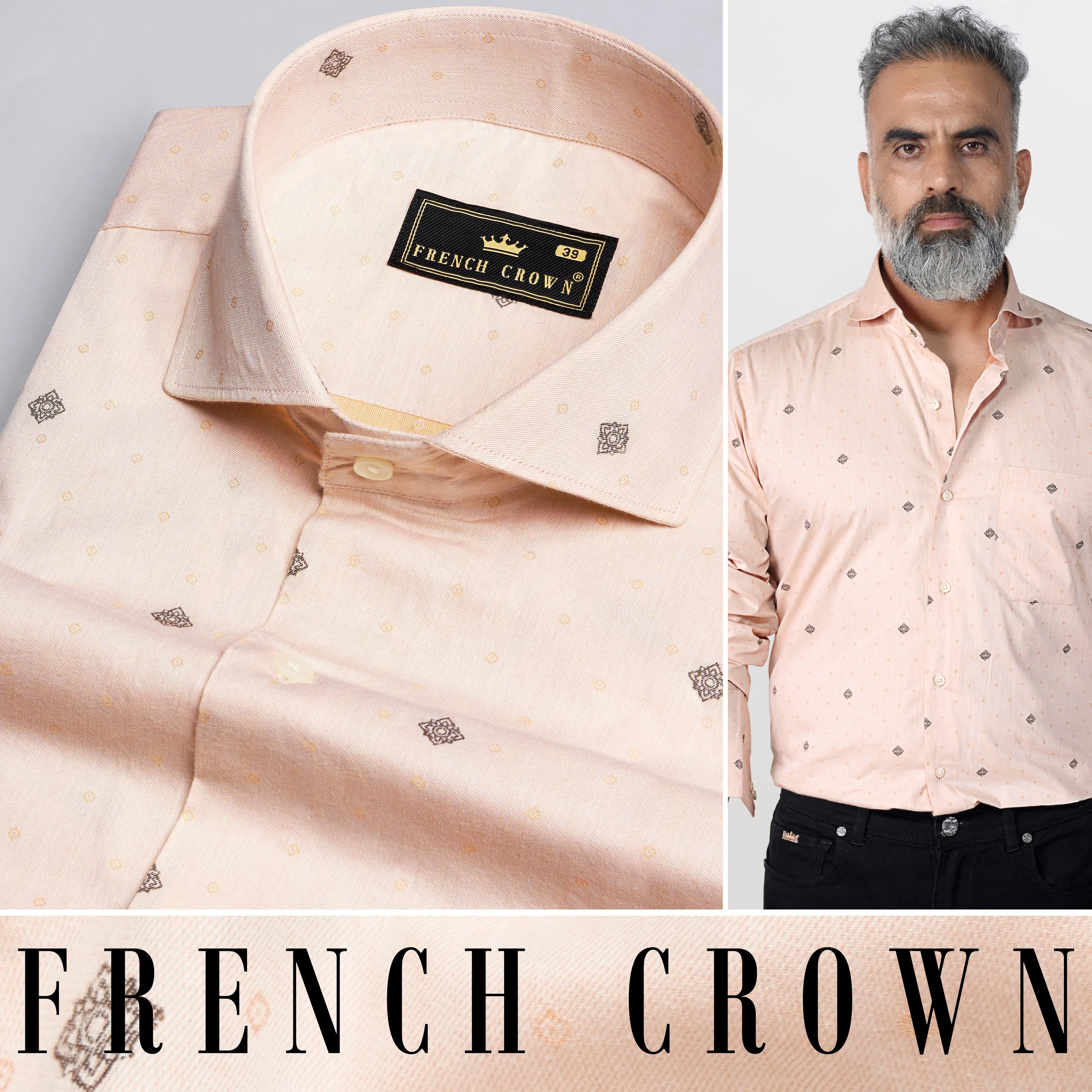 Soft Amber Peach with Pine Cone Brown Jacquard Textured Premium Giza Cotton Shirt sold by French Crown product image thumbnail 5