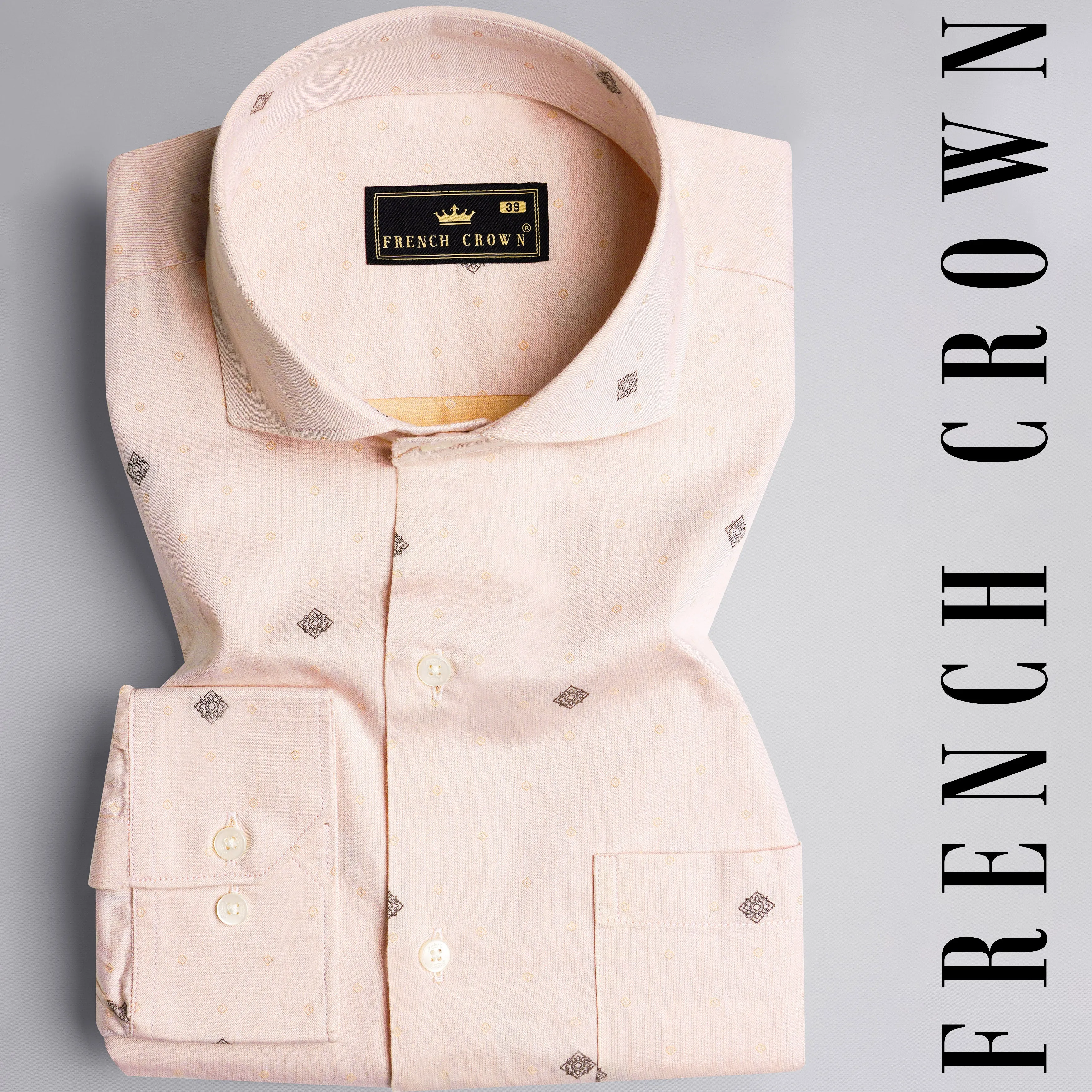 Soft Amber Peach with Pine Cone Brown Jacquard Textured Premium Giza Cotton Shirt sold by French Crown