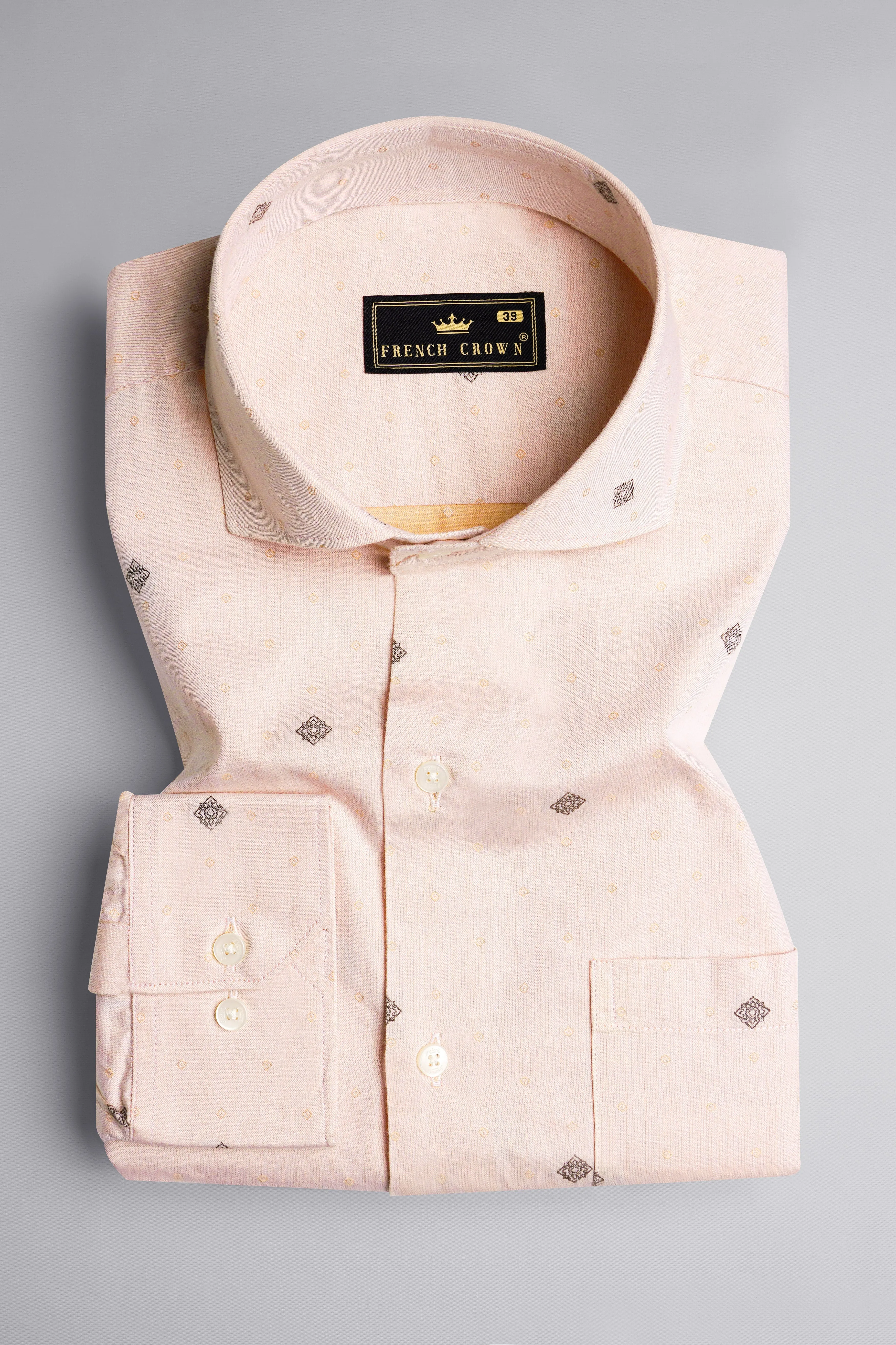 Soft Amber Peach with Pine Cone Brown Jacquard Textured Premium Giza Cotton Shirt sold by French Crown product image thumbnail 4