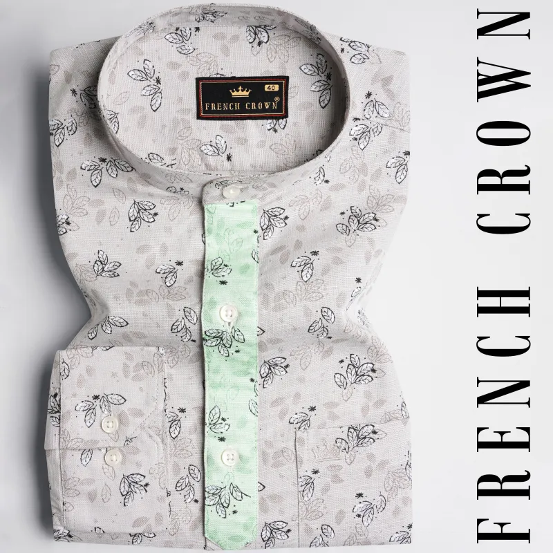 Soft Amber Gray with Thunder Black and Pale Leaf Green Luxurious Linen Designer Shirt sold by French Crown