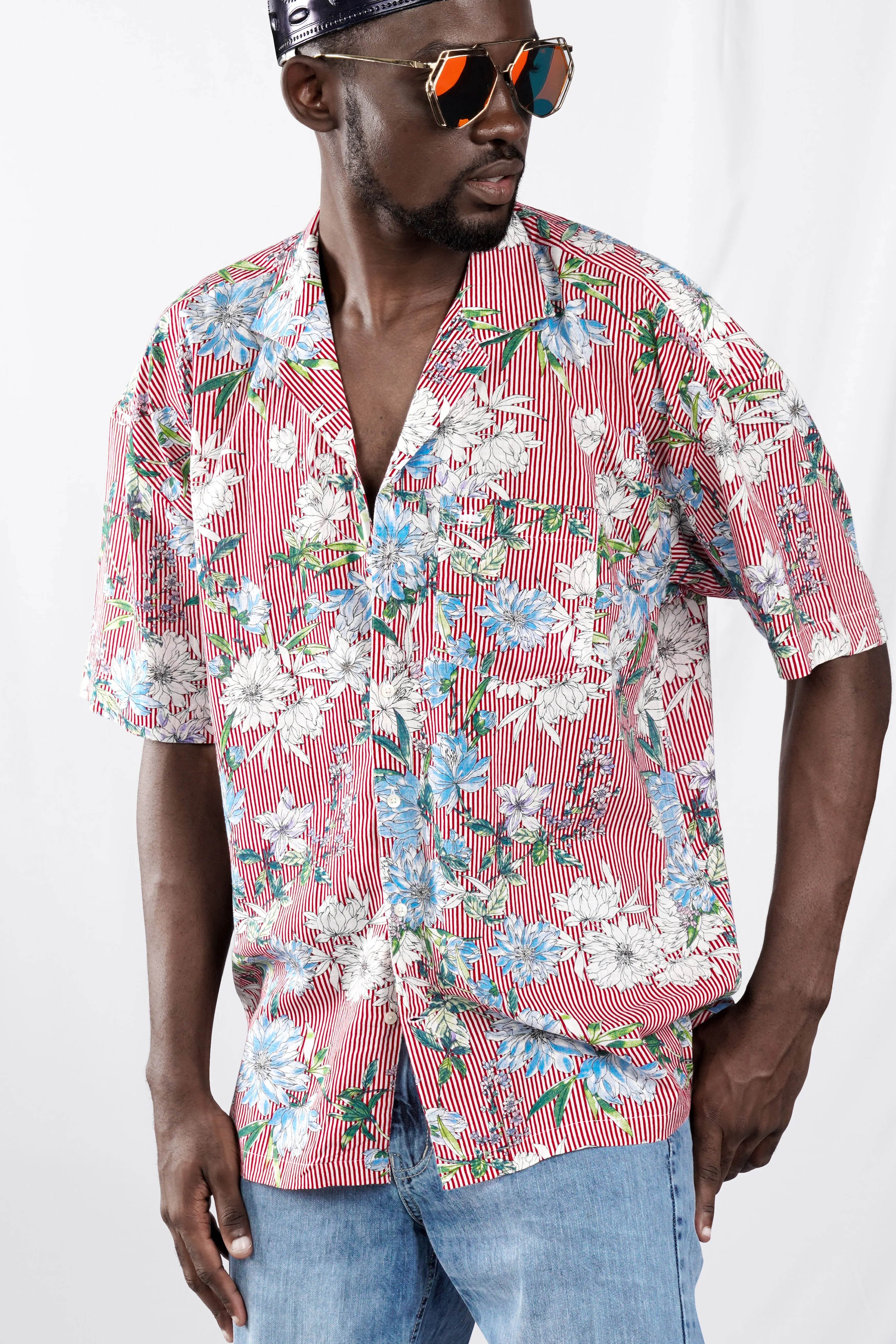 Rudy Red and White Floral Printed Lightweight Premium Cotton Oversized Shirt sold by French Crown product image thumbnail 2