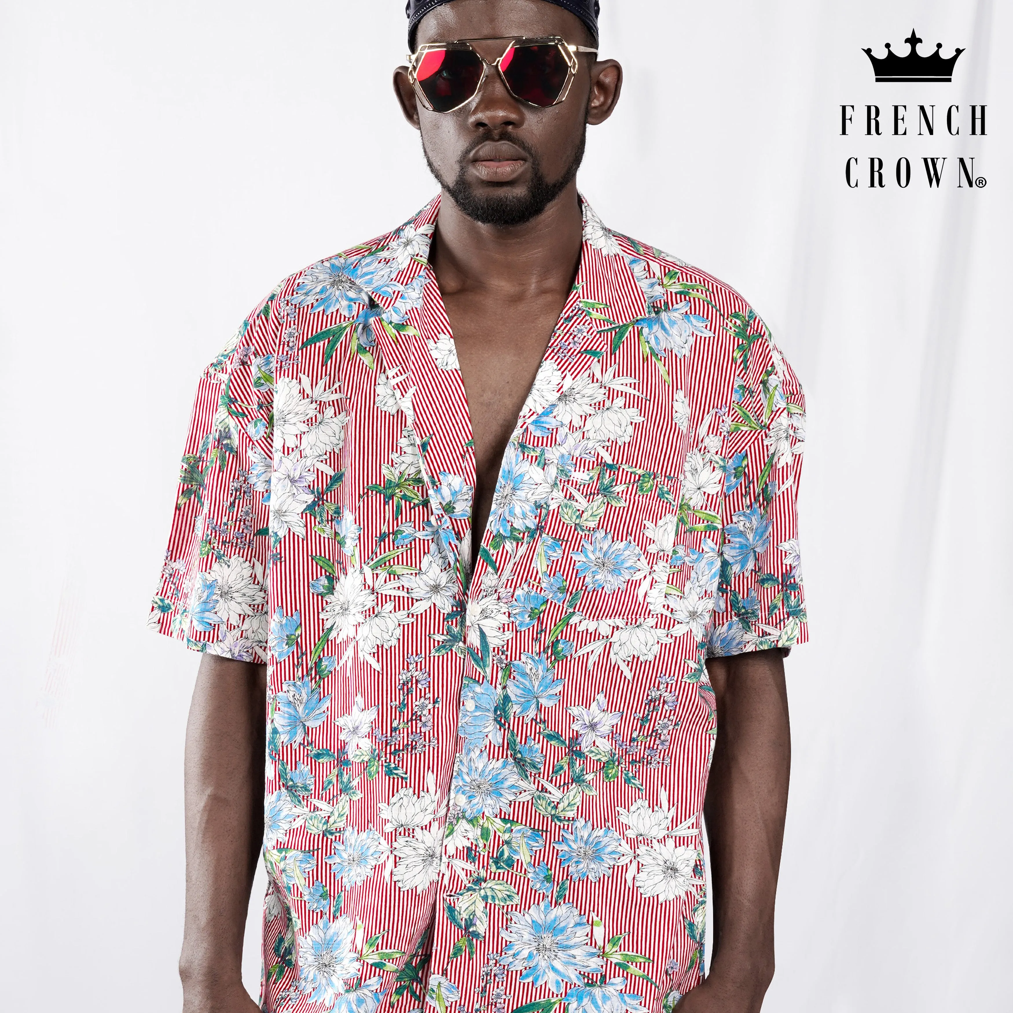 Rudy Red and White Floral Printed Lightweight Premium Cotton Oversized Shirt sold by French Crown