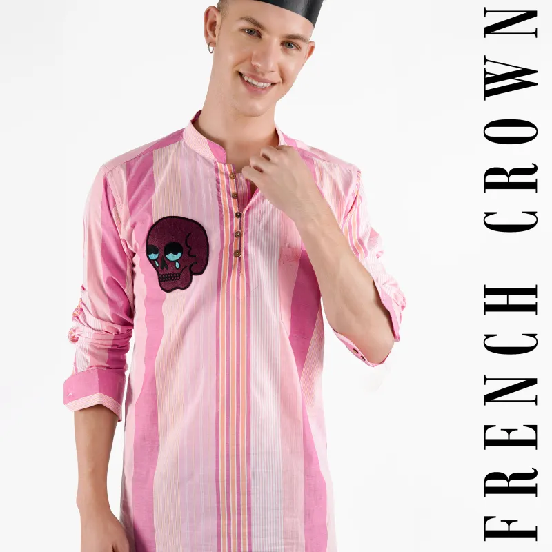 Orchid Pink Striped with Embroidered Patchwork Premium Cotton Designer Kurta Shirt sold by French Crown