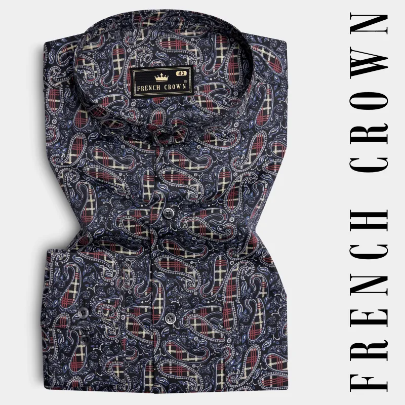 Nile Blue with Jade Black Multicolour Paisley Printed Super Soft Premium Cotton Shirt sold by French Crown