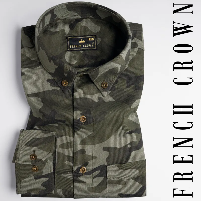 Lunar Dark Green with Concord Green Camouflage Patchwork Premium Tencel Designer Shirt sold by French Crown
