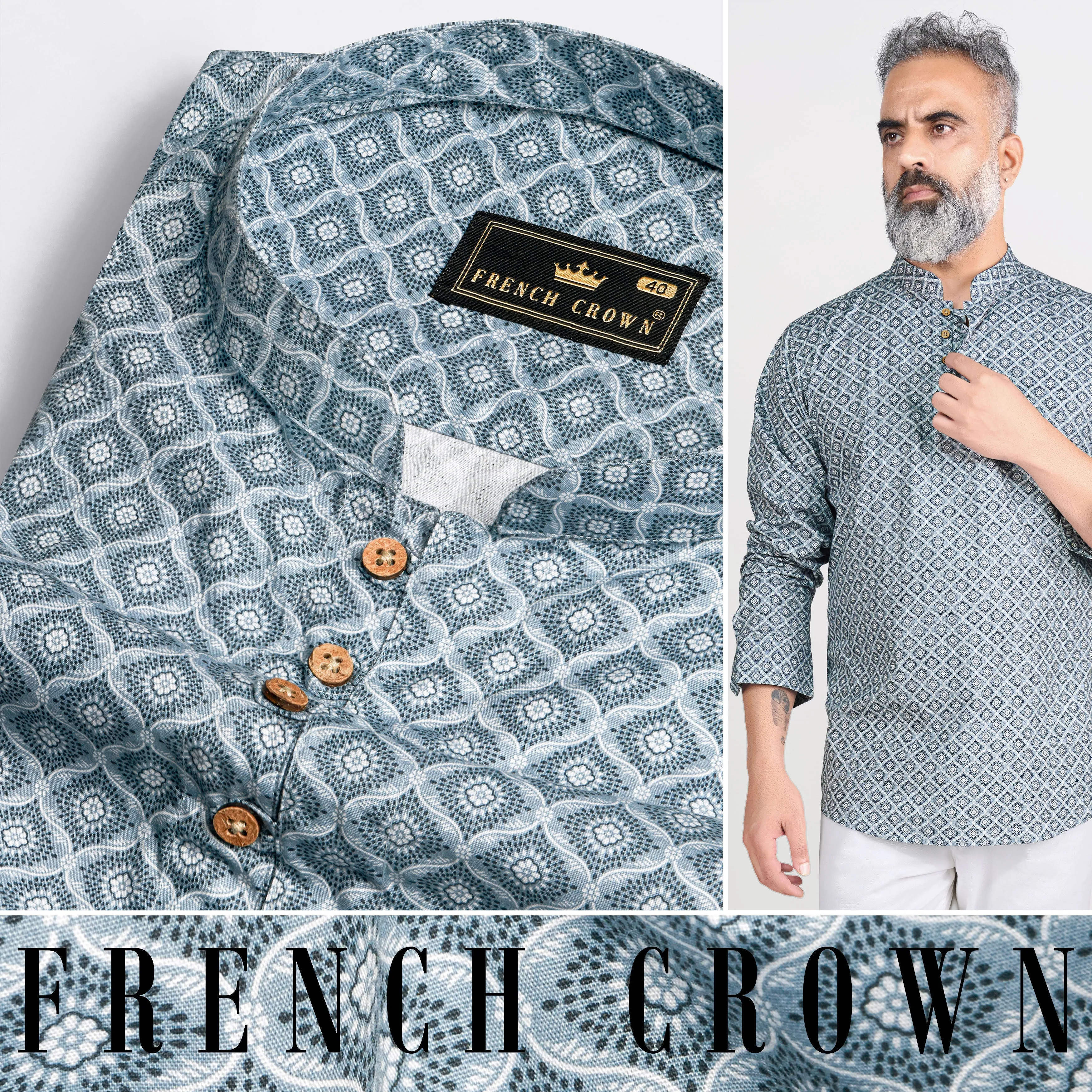 Heather Gray and White Indian Printed Premium Cotton Kurta Shirt sold by French Crown product image thumbnail 5
