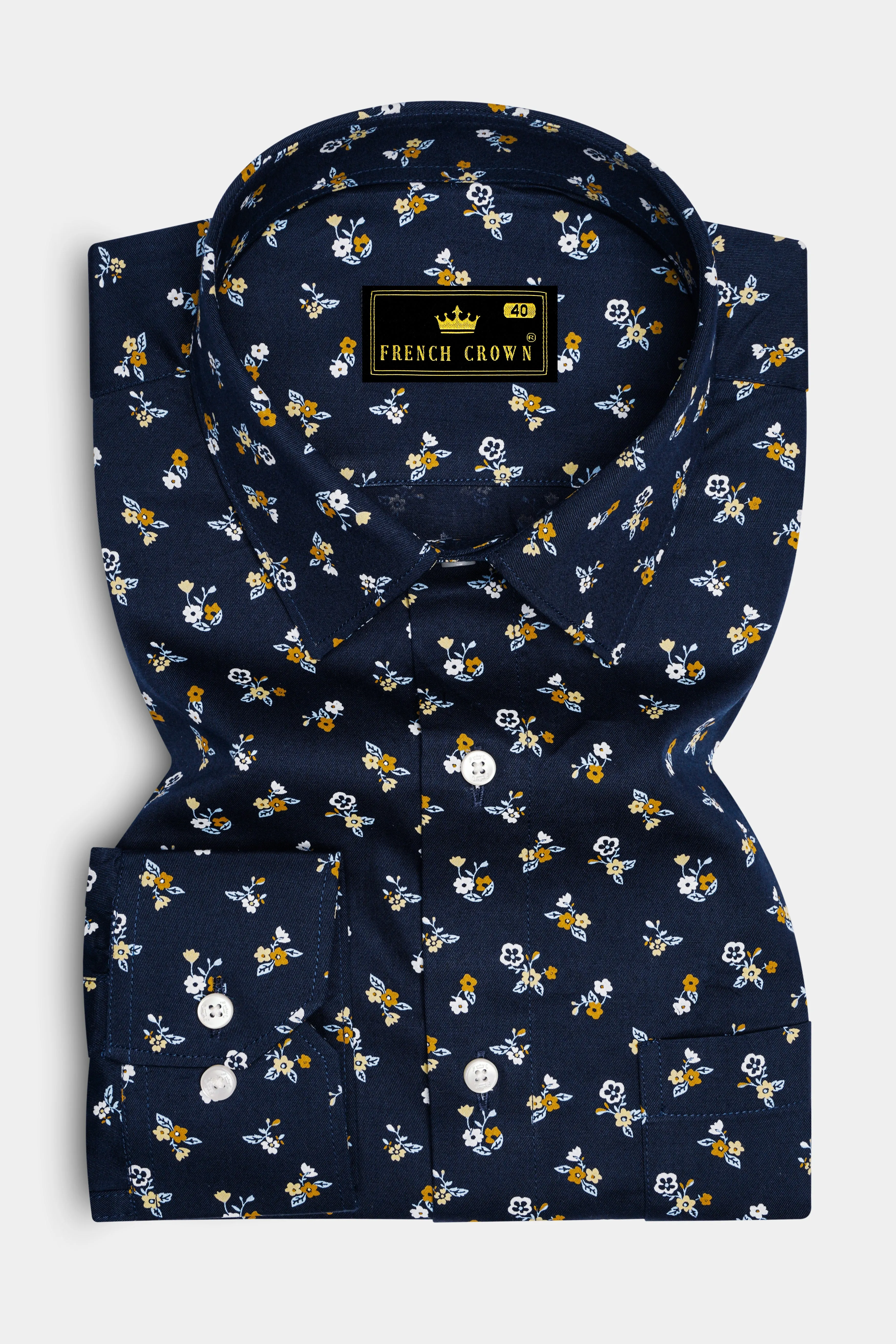 Ebony Blue Ditsy Printed Twill Premium Cotton Shirt sold by French Crown product image thumbnail 4