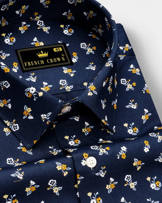 Ebony Blue Ditsy Printed Twill Premium Cotton Shirt sold by French Crown