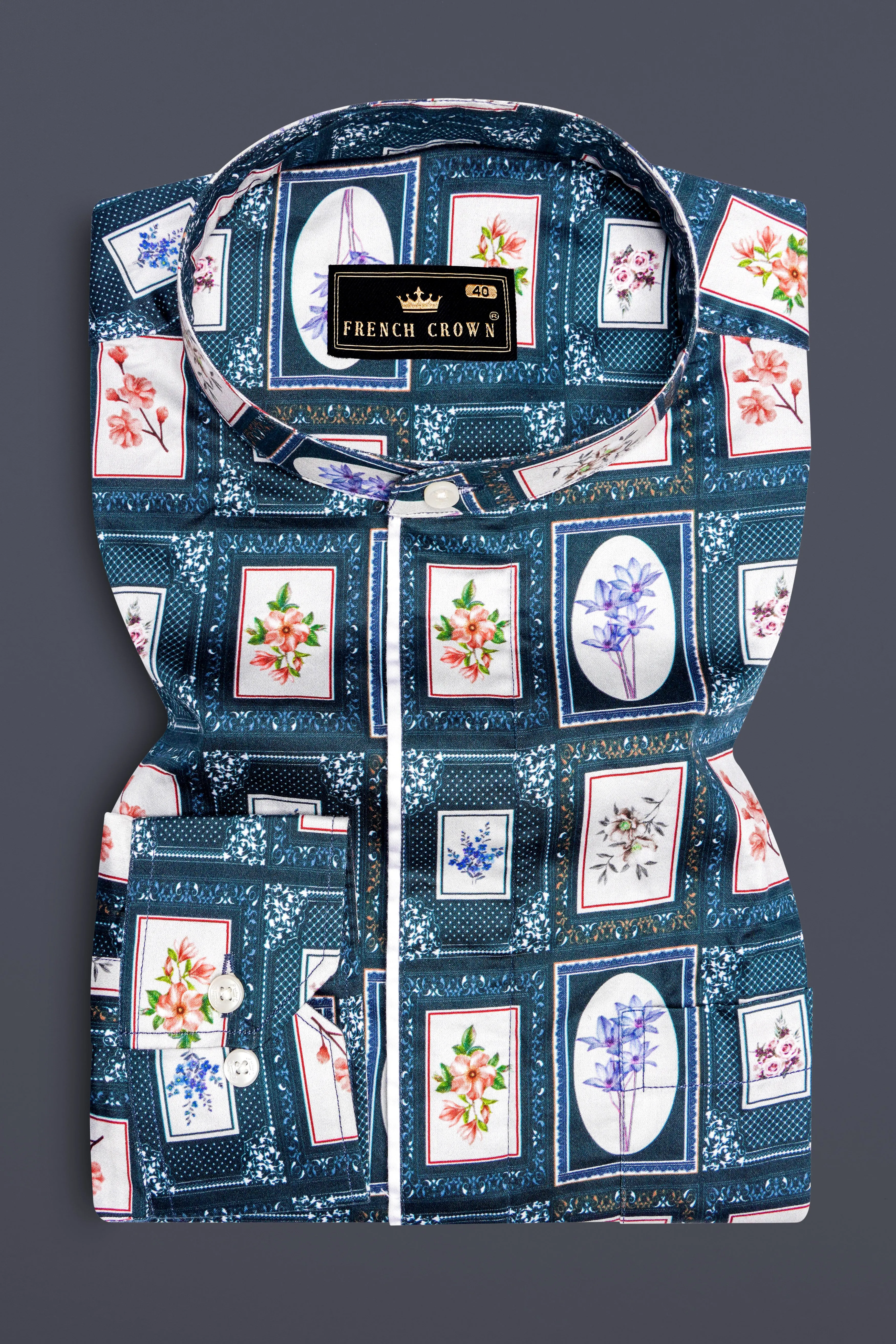 Dark Slate Blue with Wild Sand White Multicolour Printed Super Soft Premium Cotton Designer Shirt sold by French Crown product image thumbnail 4