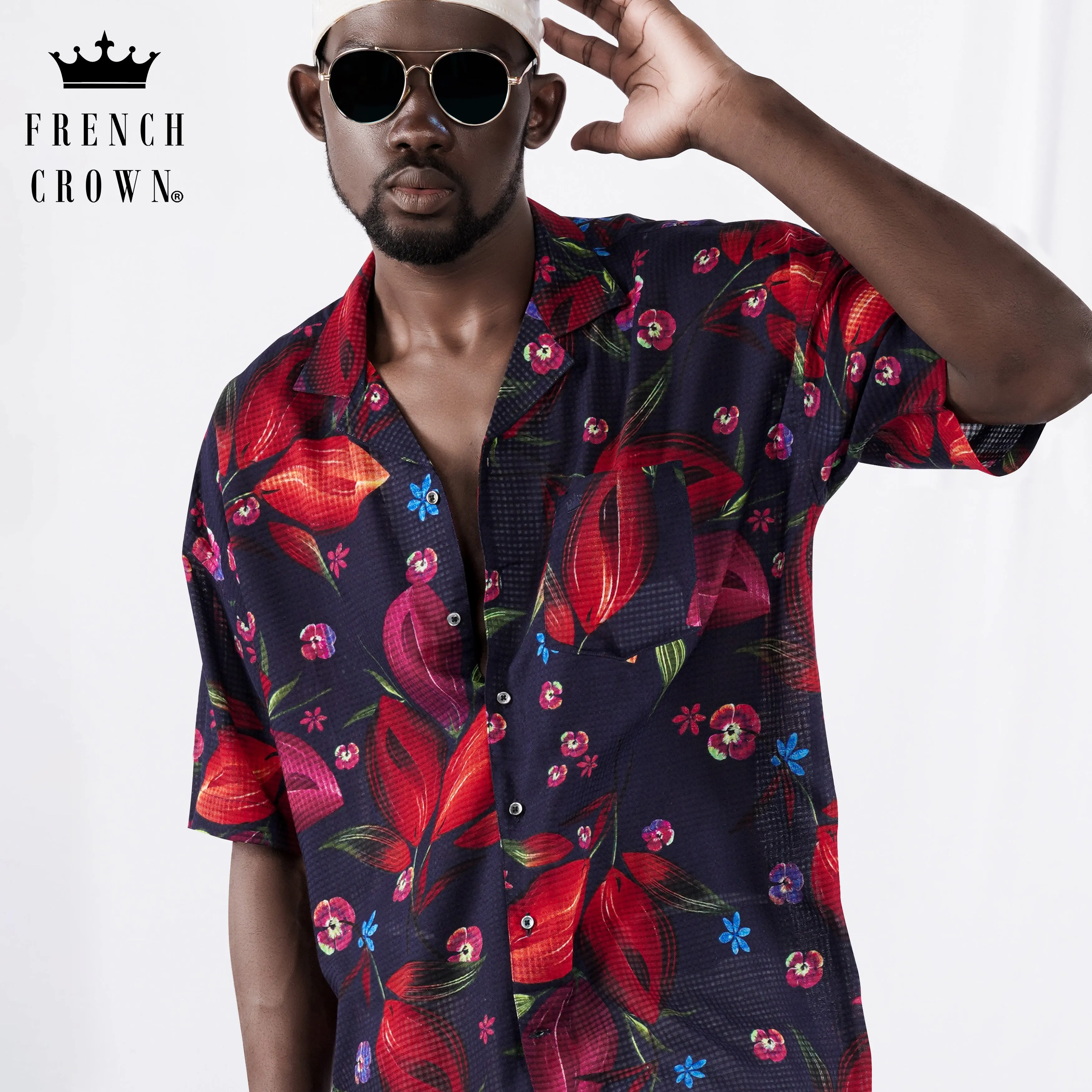 Cinder Blue with Mulberry Wine Floral Printed Lightweight Premium Cotton Oversized Shirt sold by French Crown