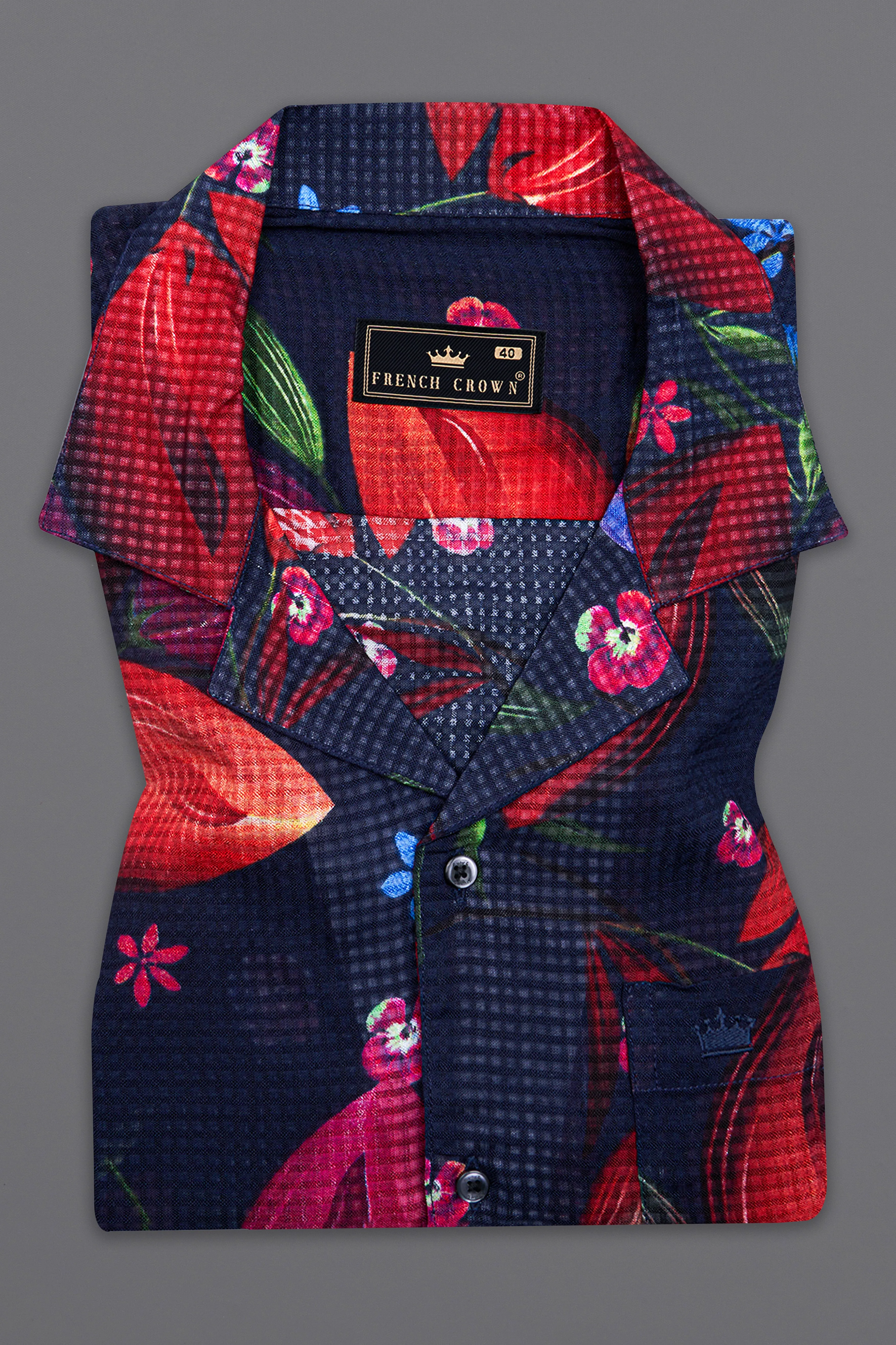 Cinder Blue with Mulberry Wine Floral Printed Lightweight Premium Cotton Oversized Shirt sold by French Crown product image thumbnail 5