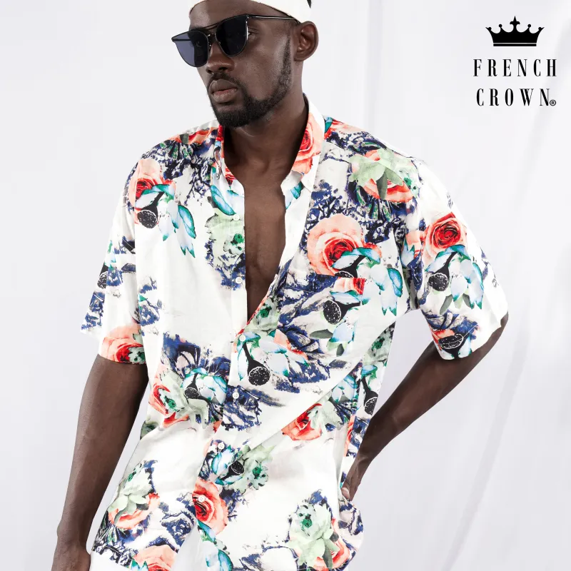 Bright White with Tacao Peach Rose Printed Lightweight Premium Cotton Oversized Shirt sold by French Crown