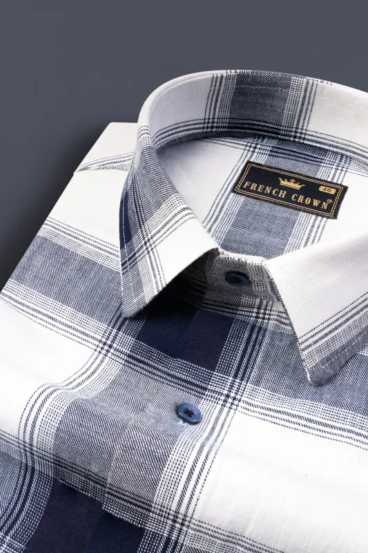 Bright White with Onyx Blue Plaid Twill Premium Cotton Shirt sold by French Crown