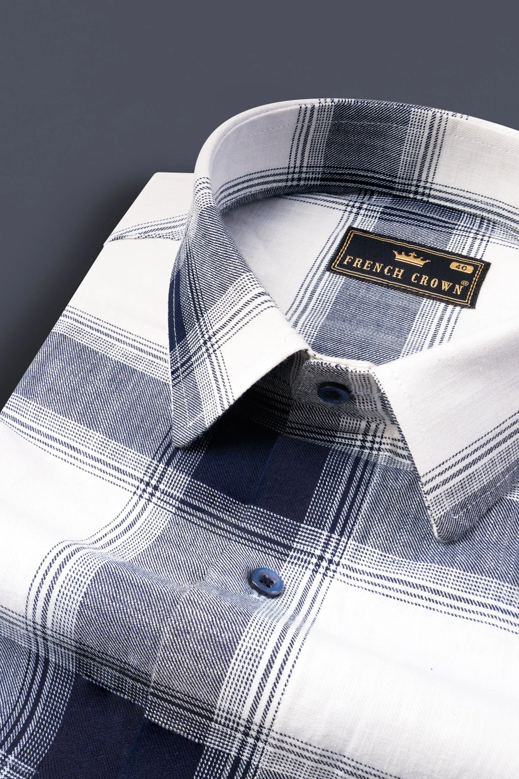 Bright White with Onyx Blue Plaid Twill Premium Cotton Shirt sold by French Crown