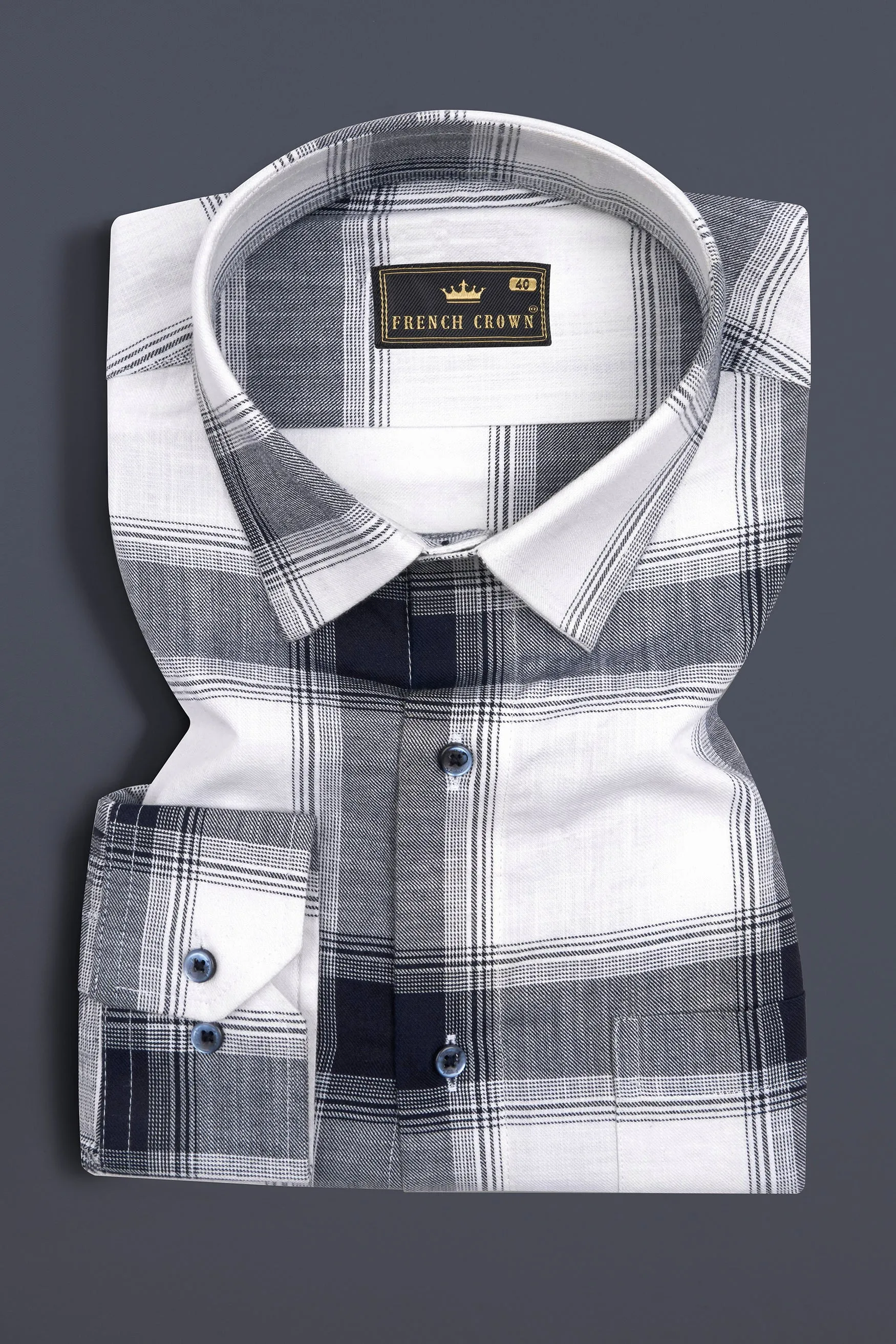 Bright White with Onyx Blue Plaid Twill Premium Cotton Shirt sold by French Crown product image thumbnail 3