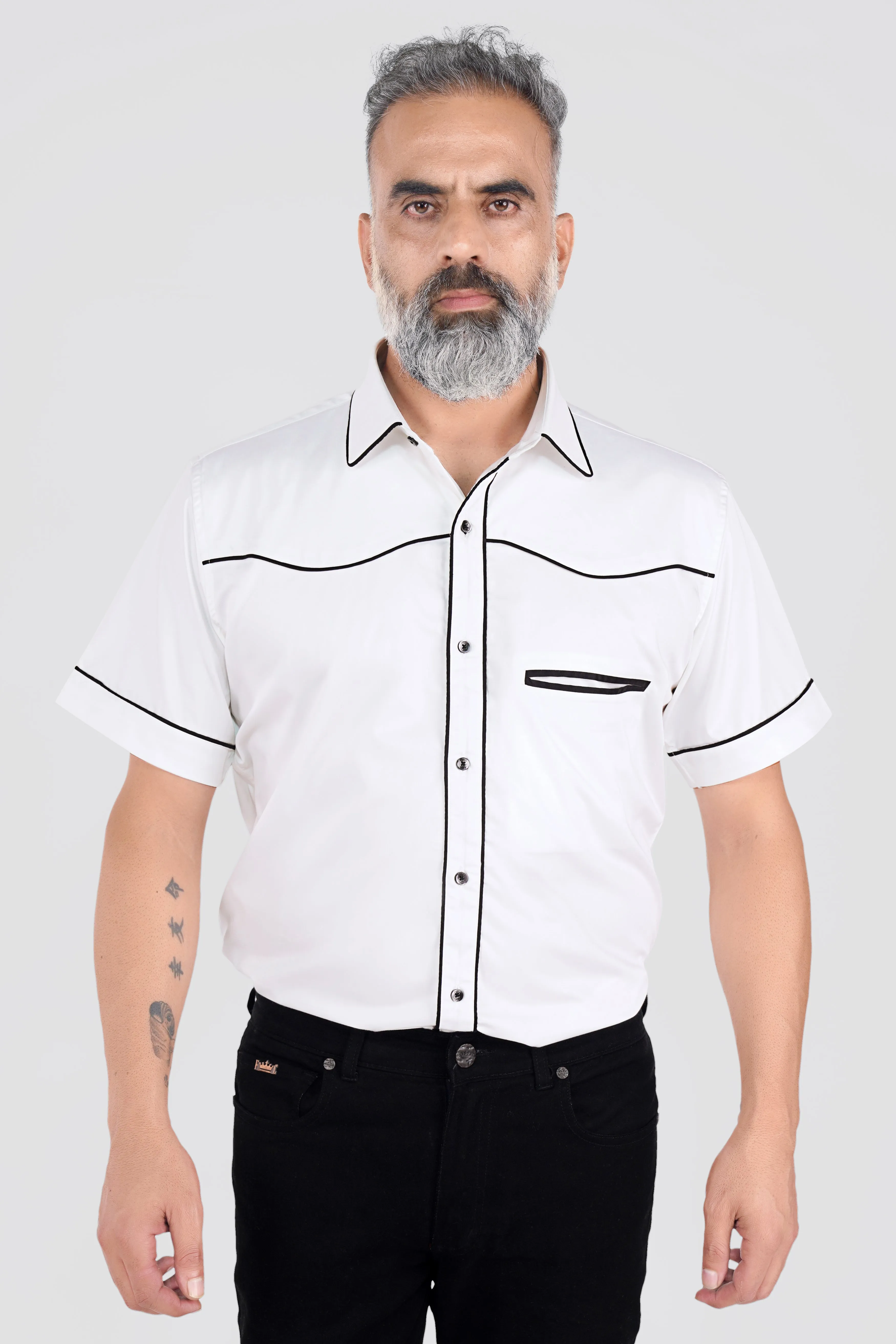 Bright White with Black Piping work Super Soft Premium Cotton Designer Shirt sold by French Crown product image thumbnail 2