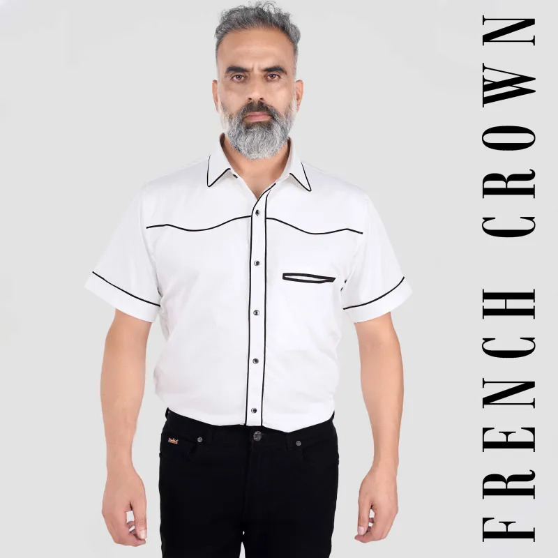 Bright White with Black Piping work Super Soft Premium Cotton Designer Shirt sold by French Crown