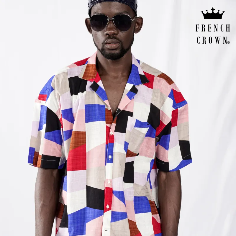 Bright White with Black and Jasper Red Funky Printed Lightweight Premium Cotton Oversized Shirt sold by French Crown
