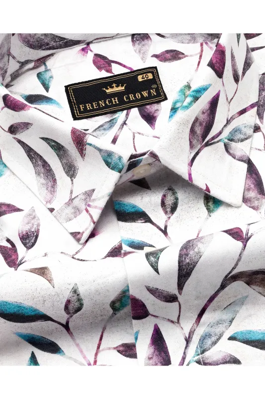Bright White Multicolour Leaves Printed Super Soft Premium Cotton Shirt sold by French Crown